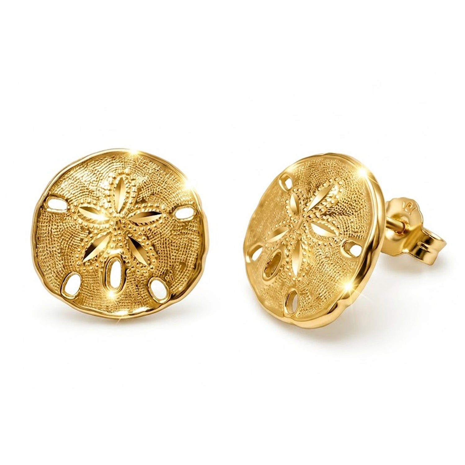 Gold sand dollar earrings on a white background