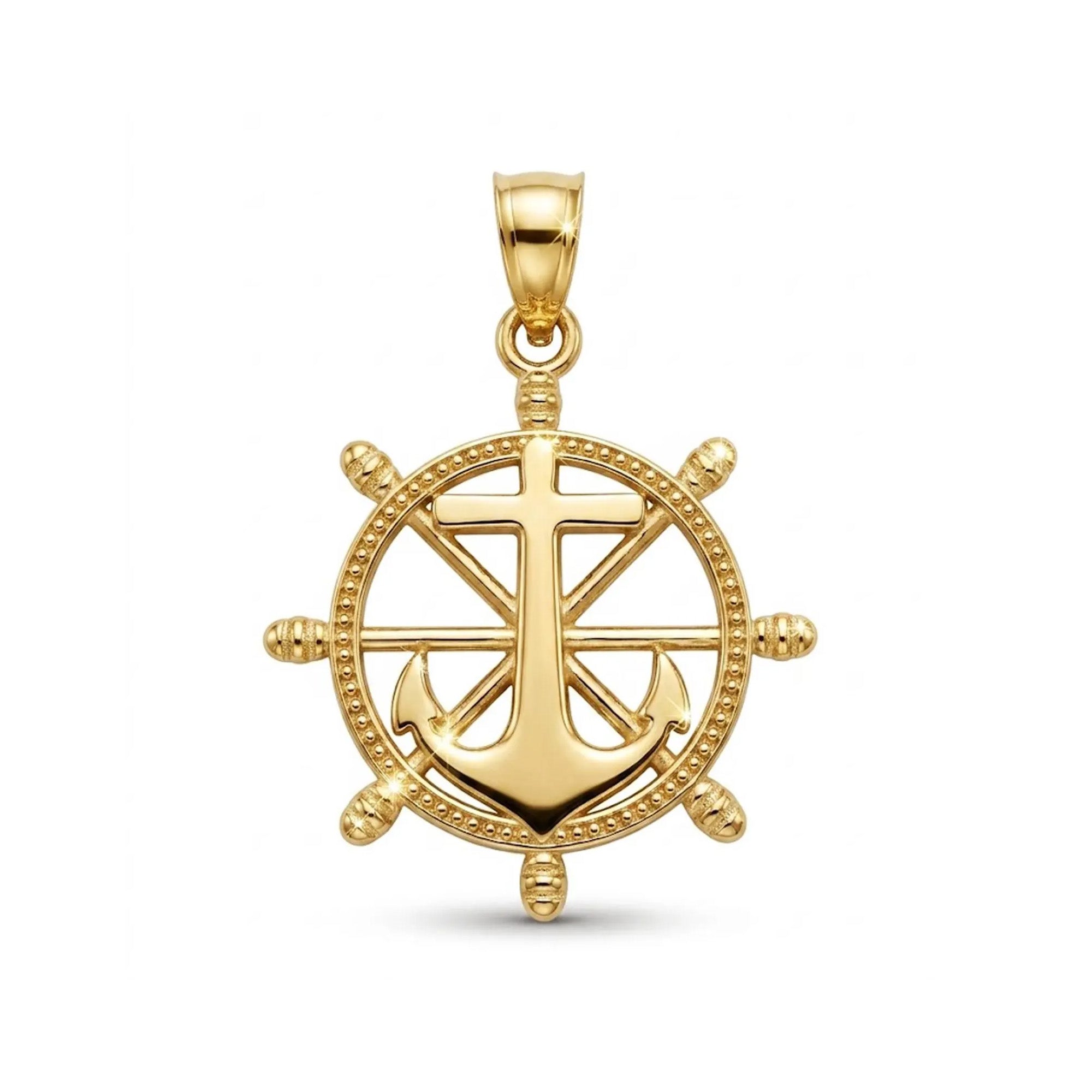 Gold pendant with ship's wheel and anchor design on a white background