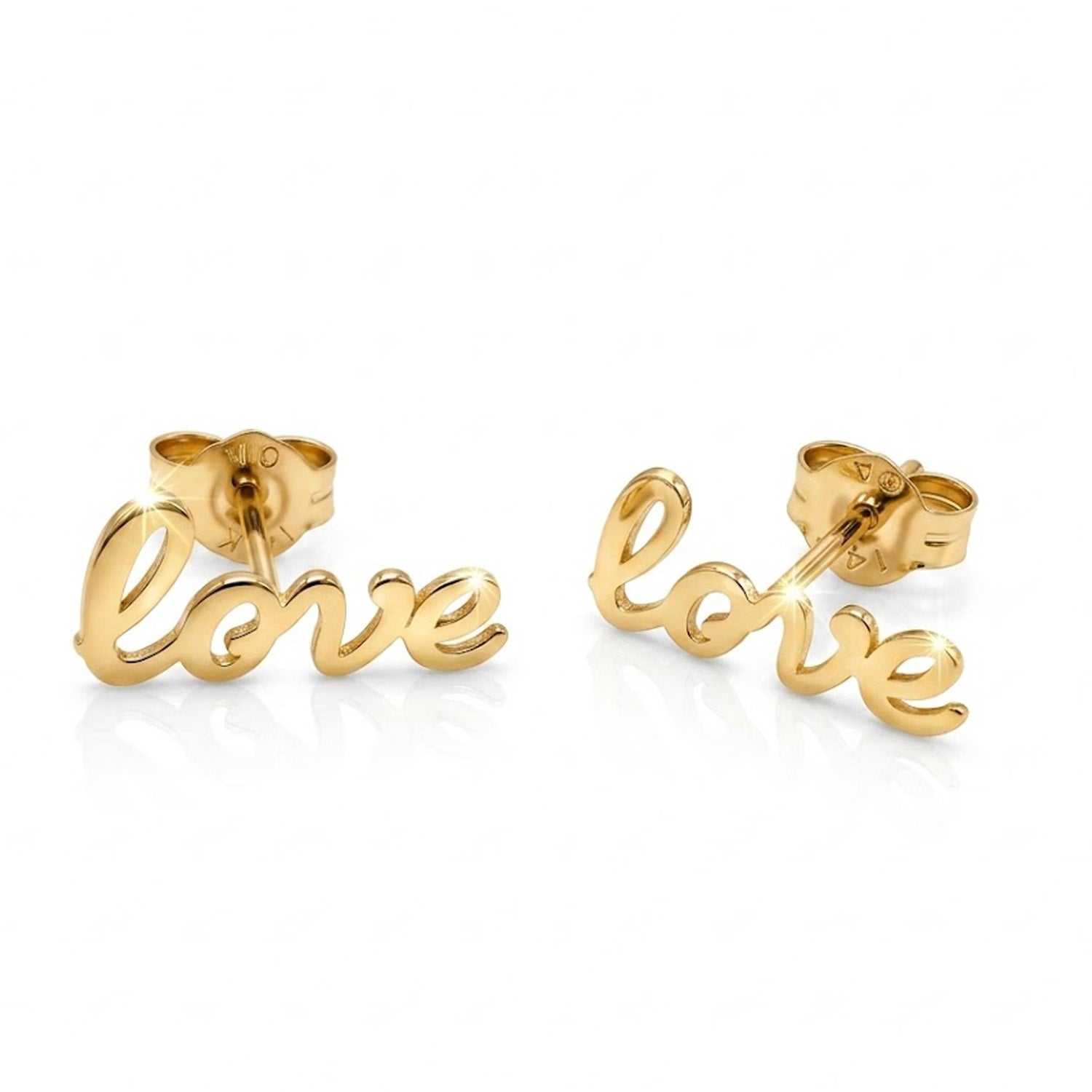 Gold 'love' earrings on a white background