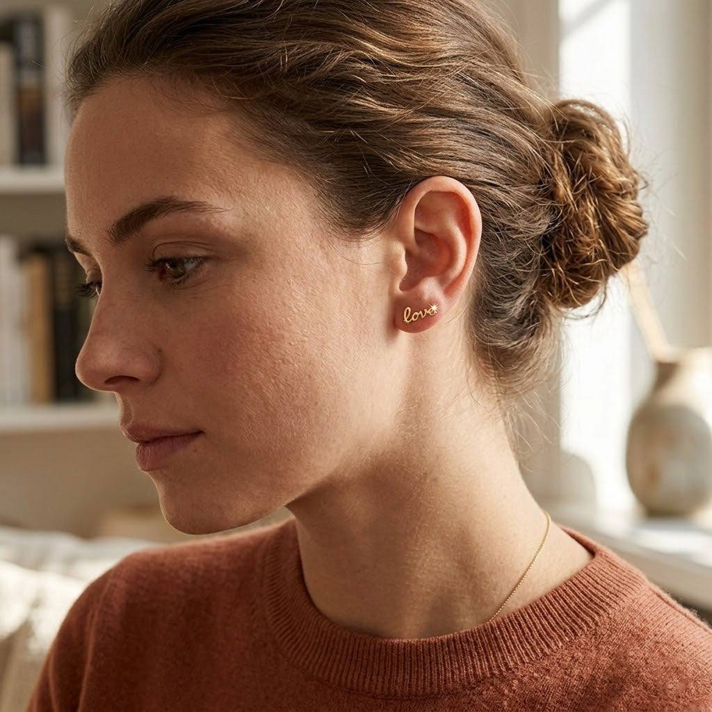 Woman wearing gold 'love' earrings in a warm-toned setting