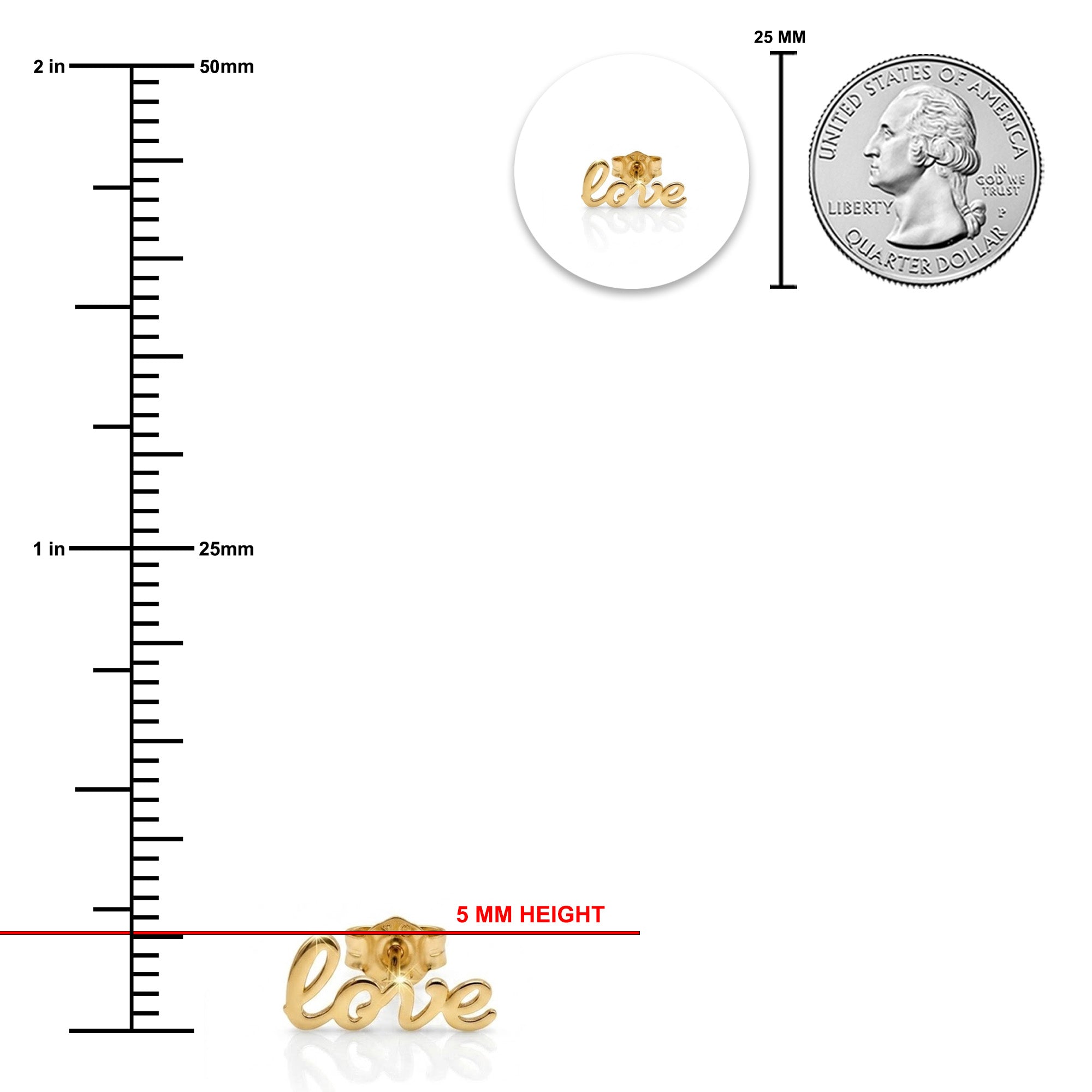 Gold 'love' charm with a ruler for size reference on a white background