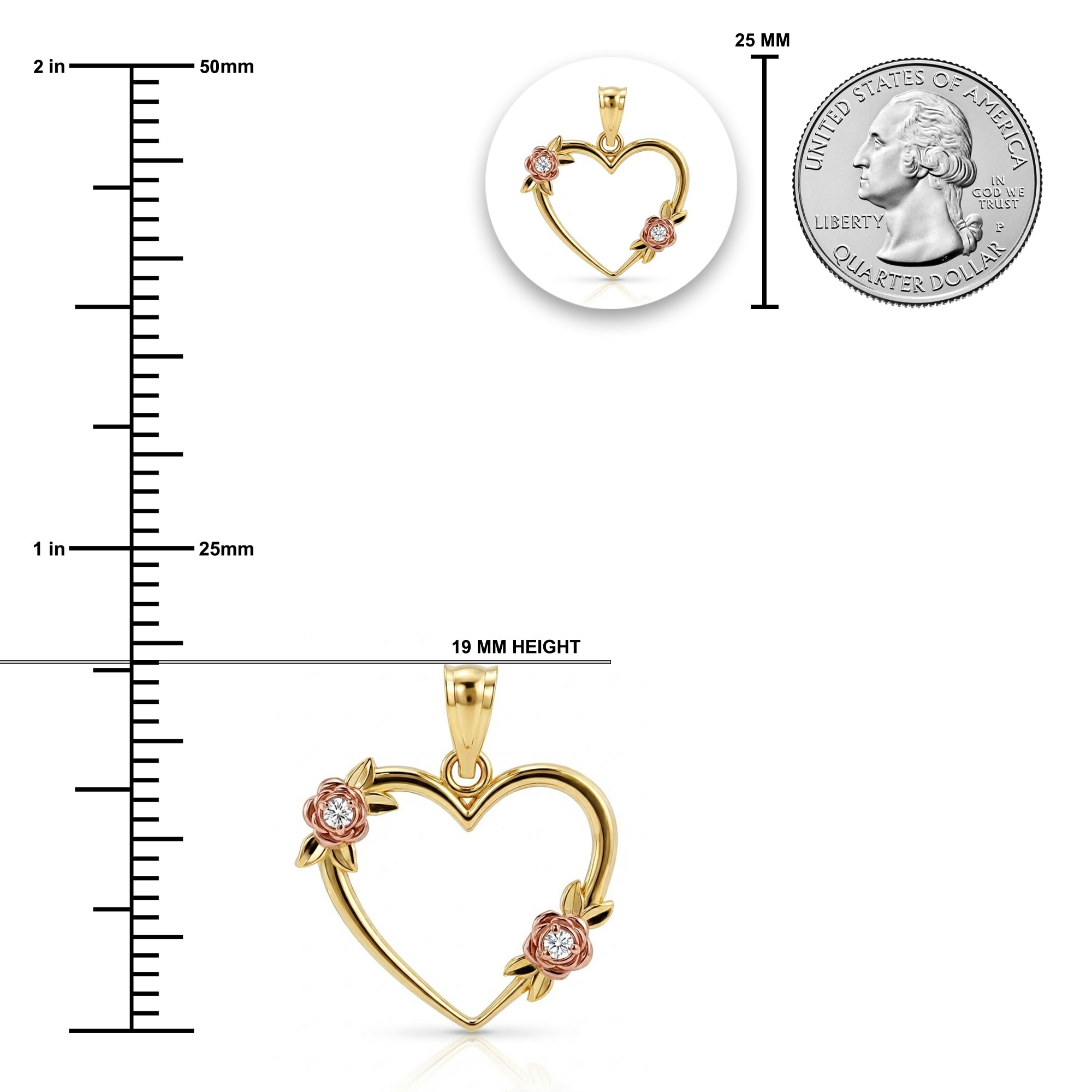 gold heart pendant with floral design sizing chart
