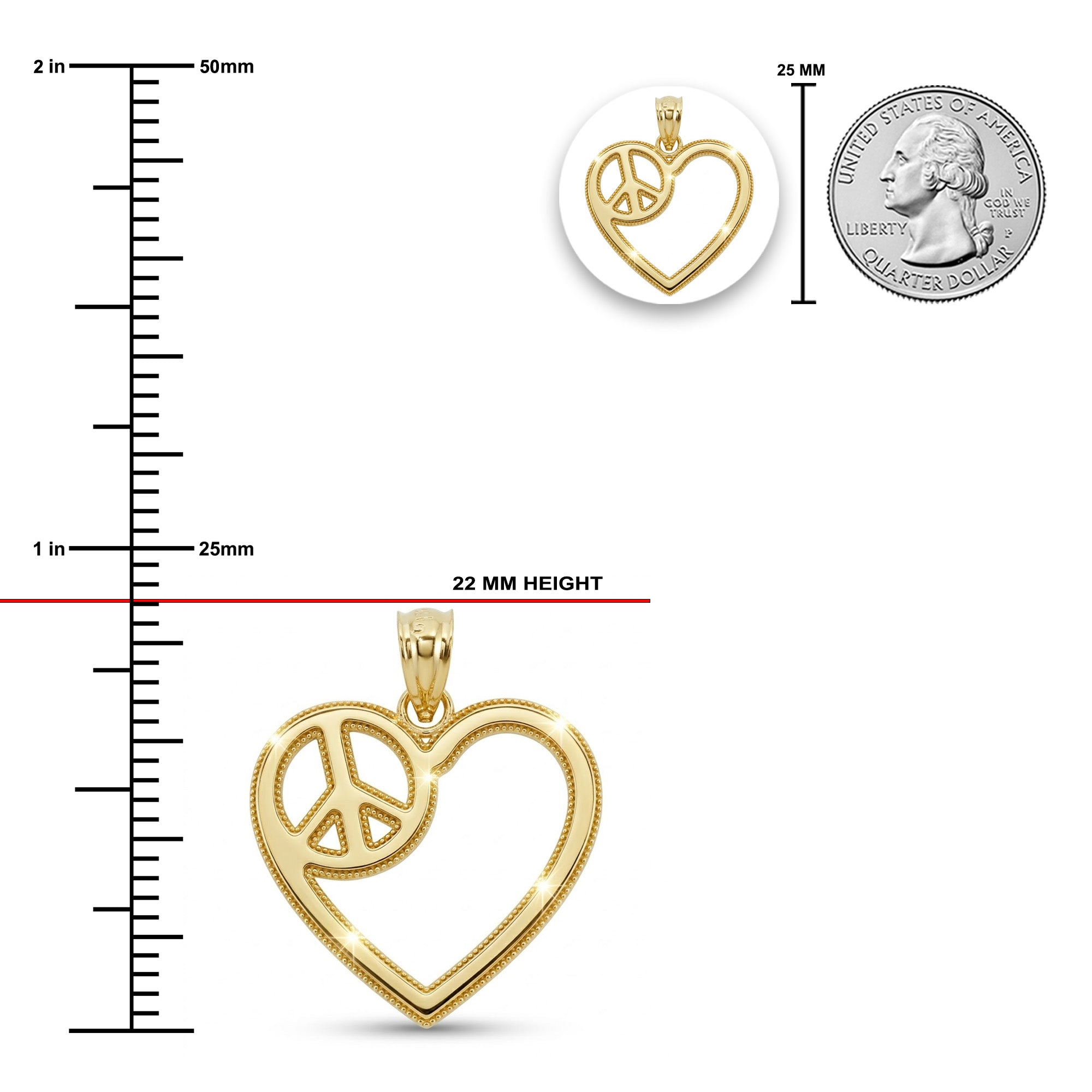 gold heart with peace sign pendant measurements