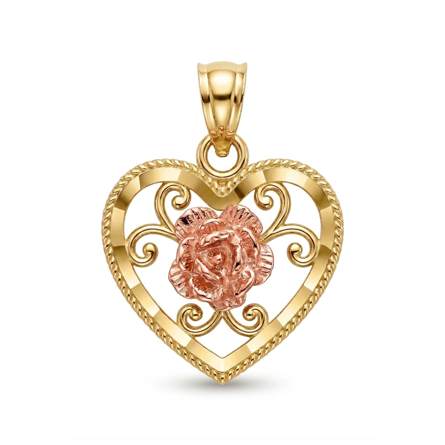 A heart-shaped pendant in yellow gold with an openwork scroll design and a textured rose gold rose in the center, shown on a plain white background.