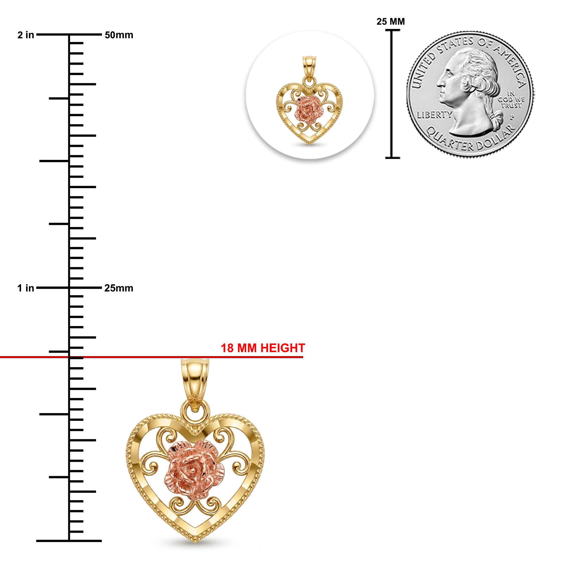 Heart-shaped gold pendant with a pink rose center, shown with measurement rulers, a 18 mm height indicator, and a quarter coin for scale on a white background.