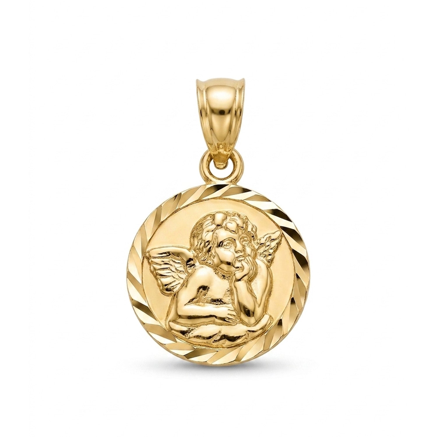 A round gold pendant featuring a detailed relief of a cherub with wings, set against a clean white background.