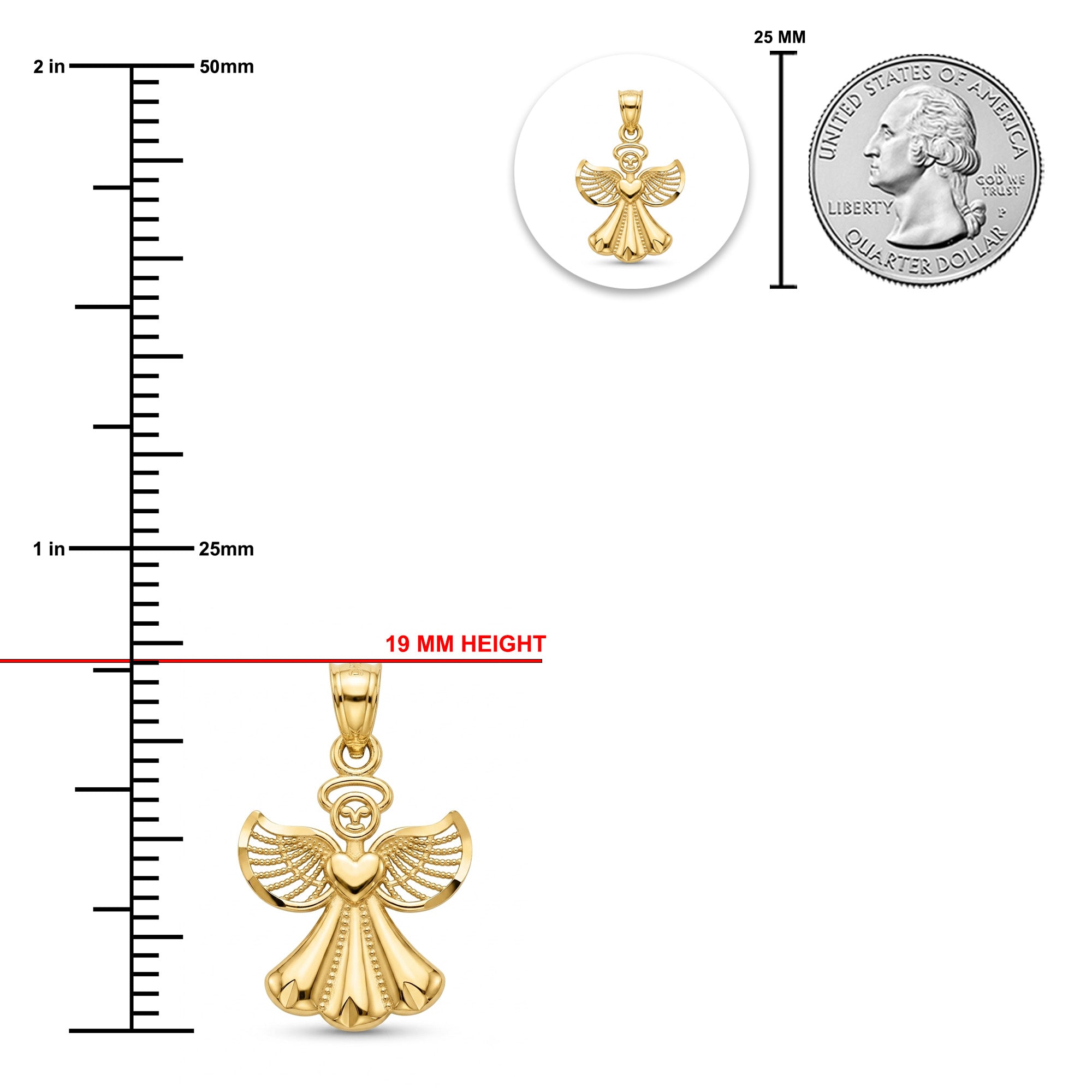 Gold angel pendant shown on a white background with measurement guides, including a 19 mm height indicator, a 25 mm scale reference, and a US quarter coin for size comparison.