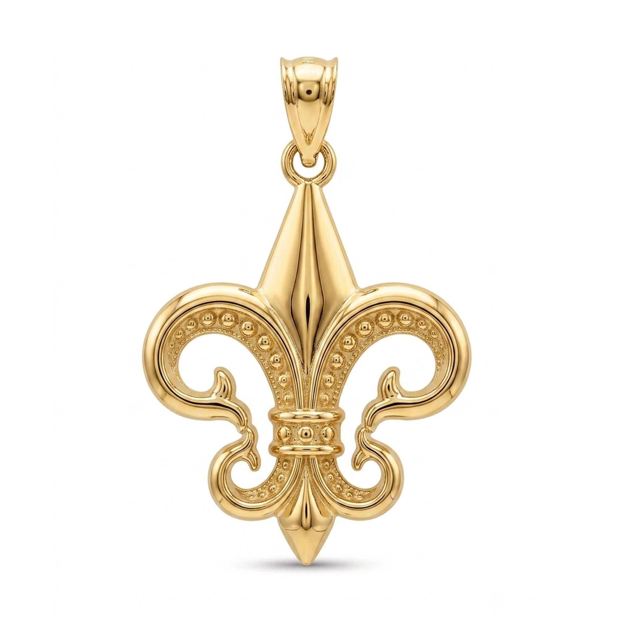 A polished yellow gold fleur-de-lis pendant with a textured beaded scroll design, shown on a clean white background.