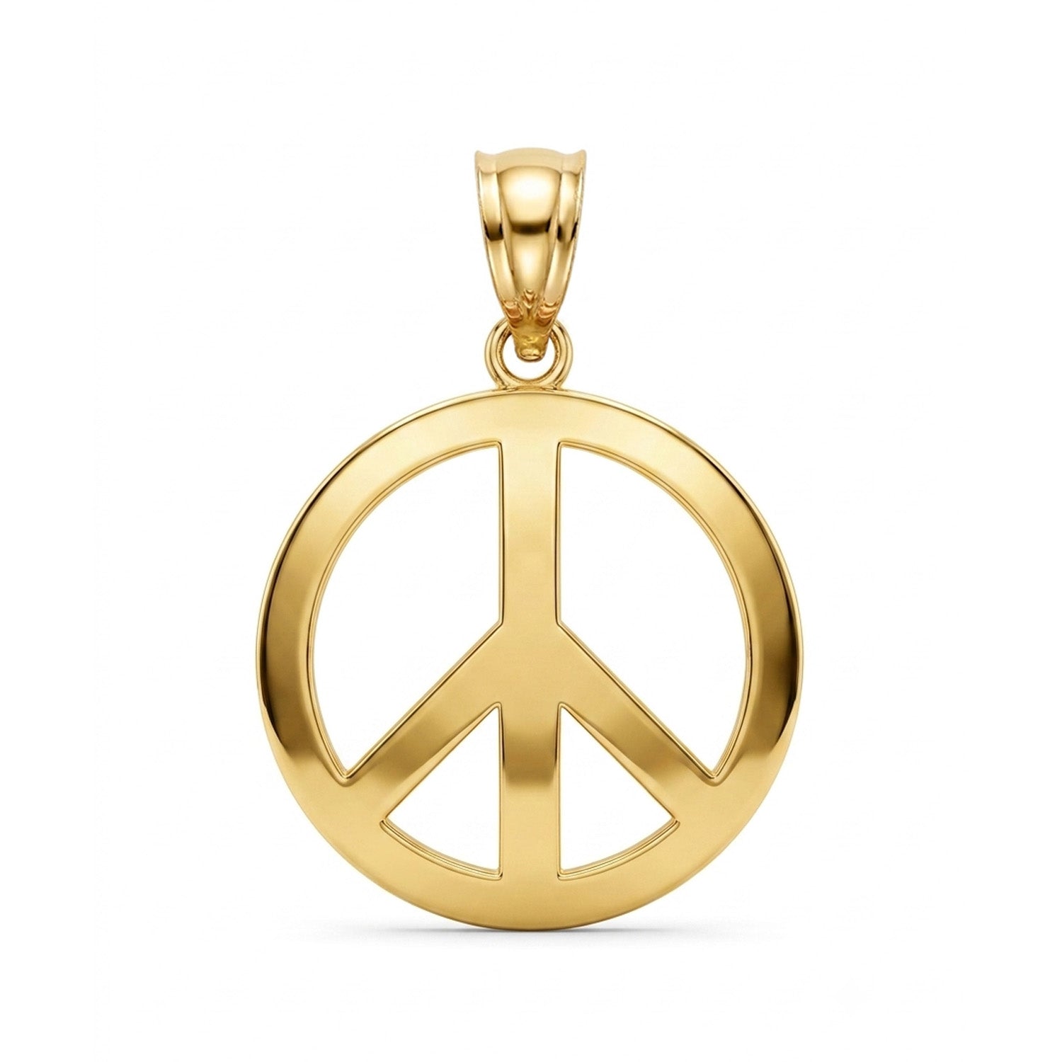 A polished yellow gold peace sign pendant with a smooth, reflective finish, suspended from a matching bail on a solid white background.
