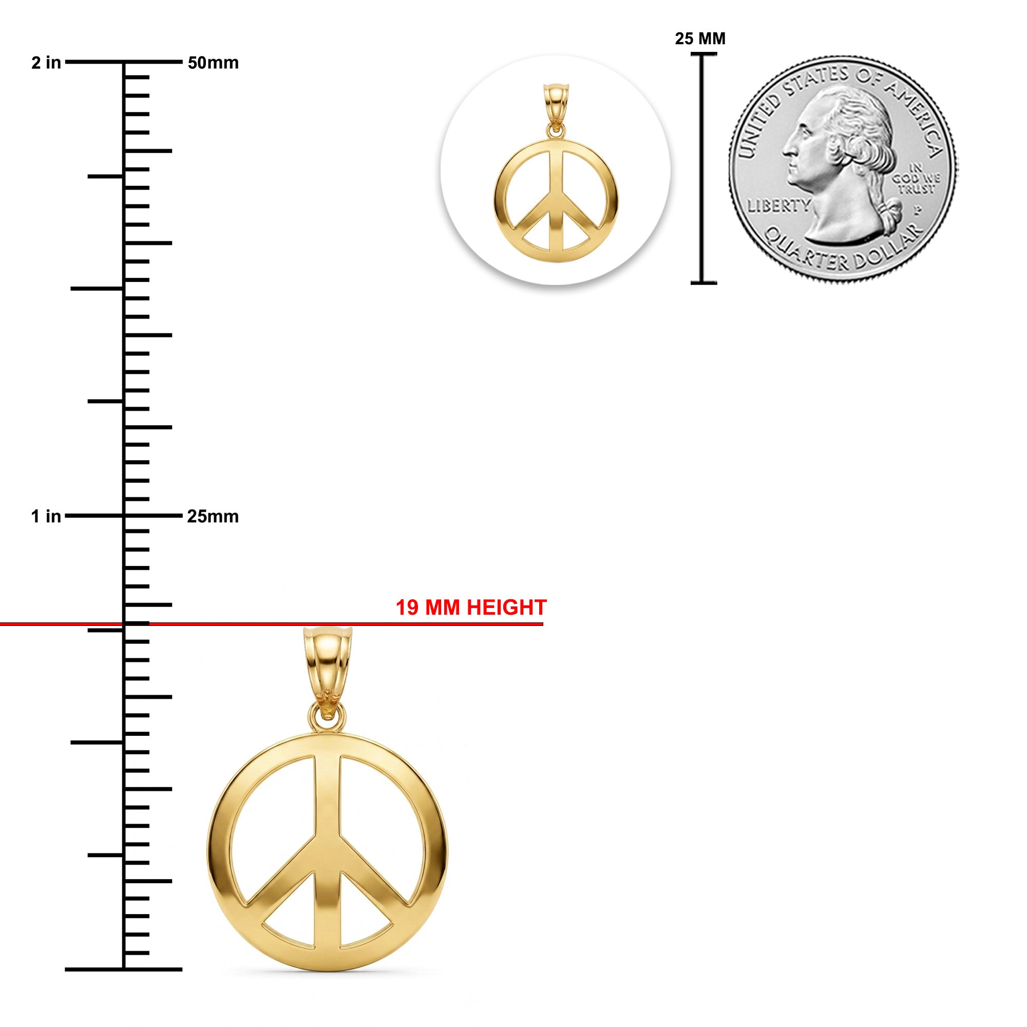 Gold peace sign pendant shown on a white background with measurement markings, a 25 mm height callout, and a quarter coin for scale.