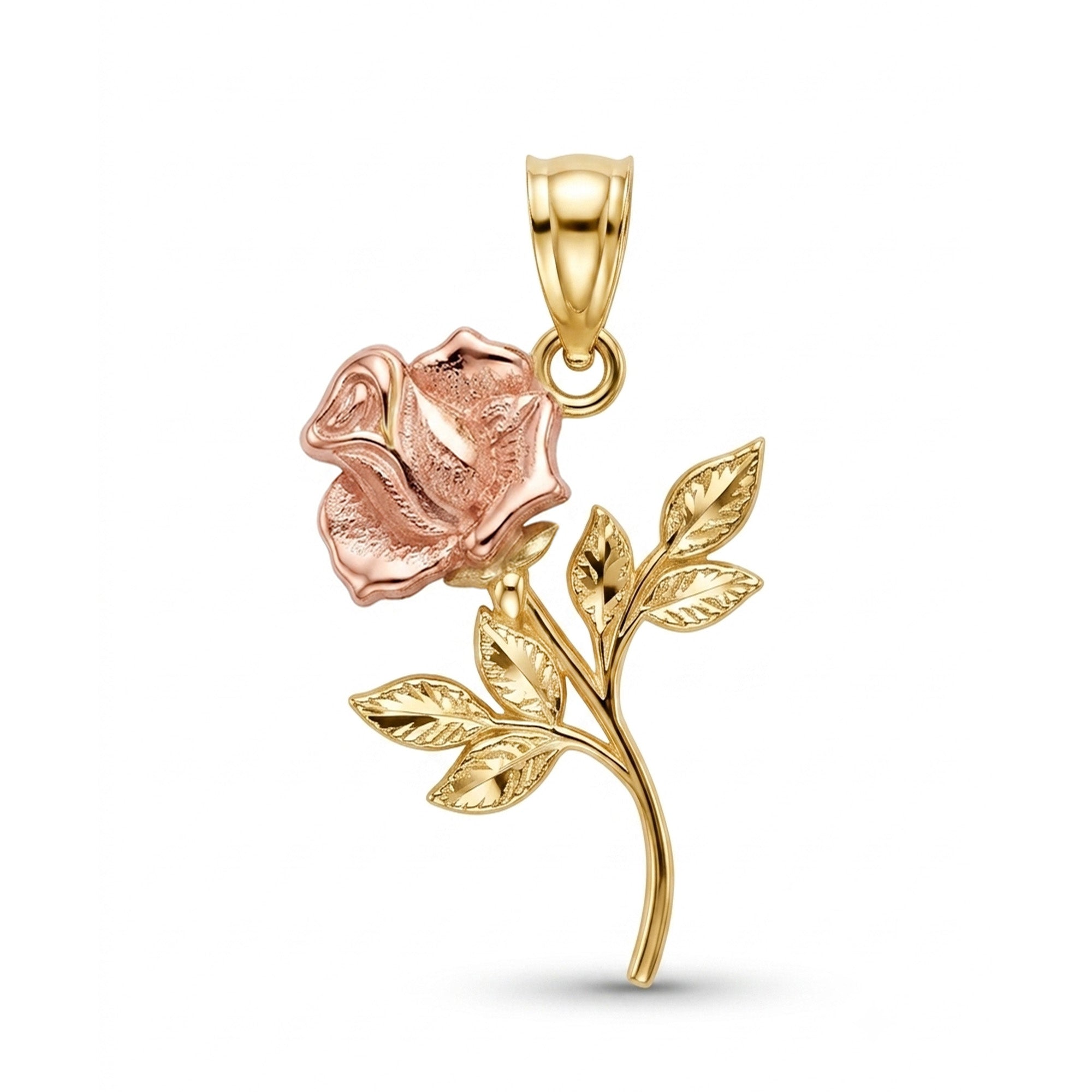 A rose-shaped pendant charm made of two-tone yellow gold and rose gold, featuring a textured rosebud, leaves, and stem with a polished bail at the top, shown on a plain white background.