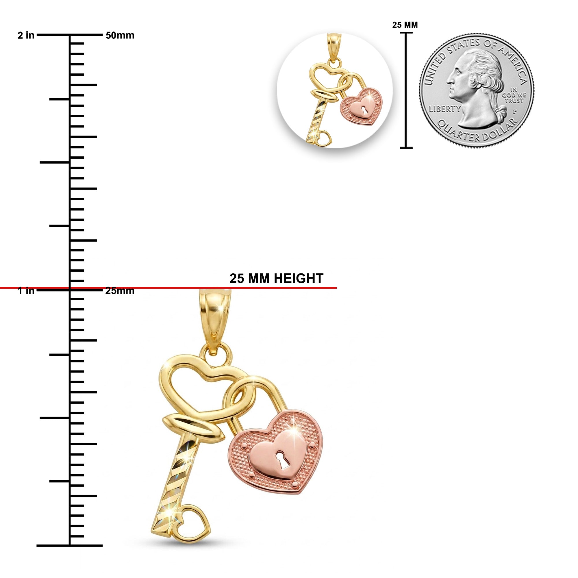 Gold and rose gold key and heart padlock pendant shown on a white background with measurement rulers in inches, a 25 mm height marker, a circular inset of the pendant, and a US quarter coin for scale.