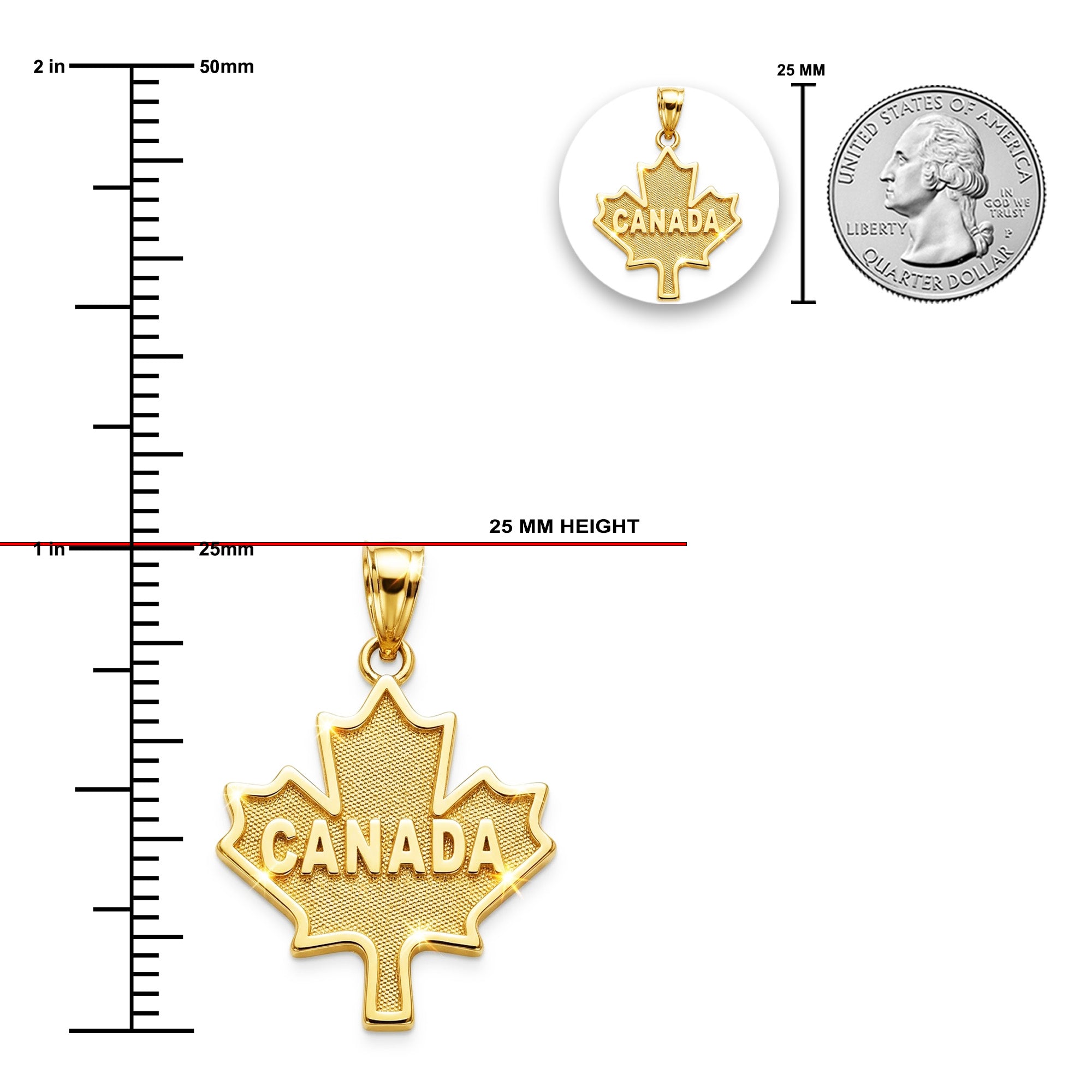 Gold maple leaf pendant engraved with 'CANADA' on a white background, shown with measurement rulers in millimeters and an inset comparison next to a 25 mm coin.