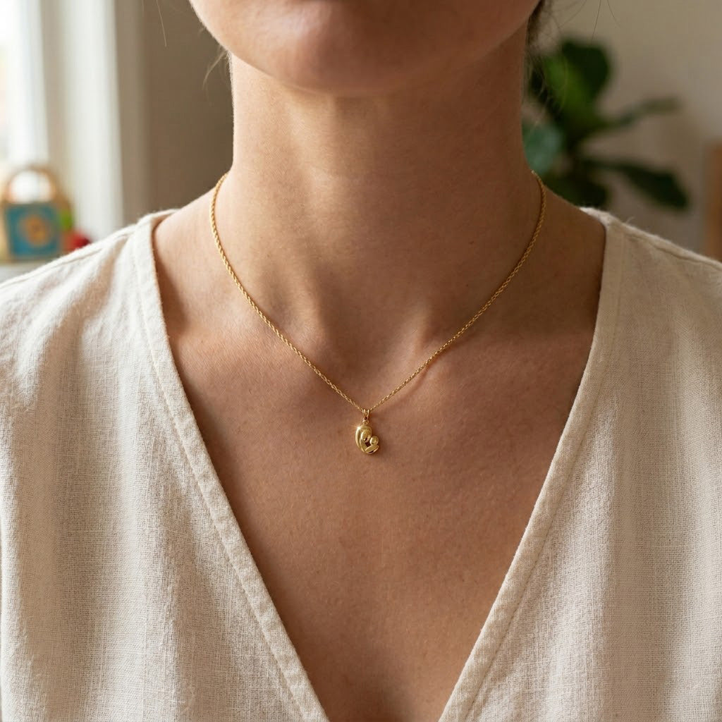 Gold mother and child pendant on gold rope chain worn by model