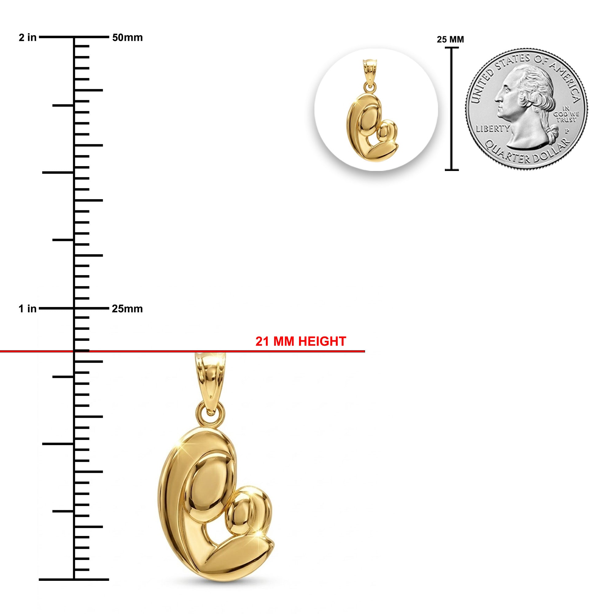 Gold mother and child pendant sizing chart