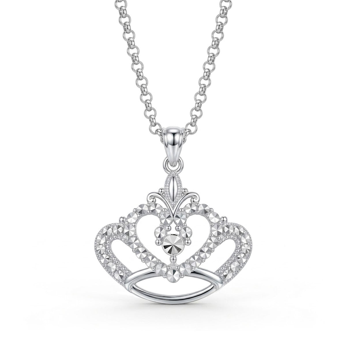 A silver crown pendant necklace adorned with small clear crystals and a central clear gemstone, suspended from a silver link chain against a white background.