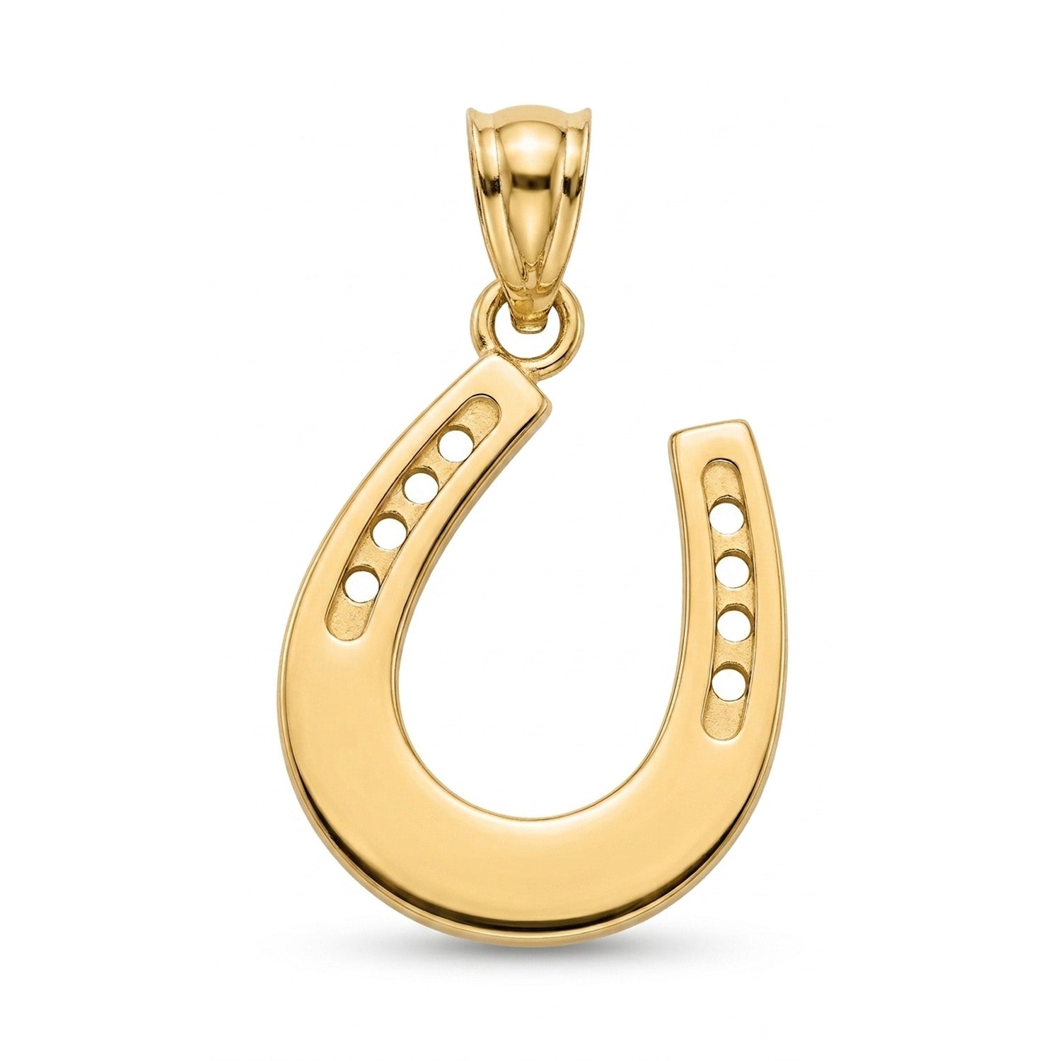 A polished yellow gold horseshoe pendant with five small circular inset details along the inner curve, shown on a clean white background.