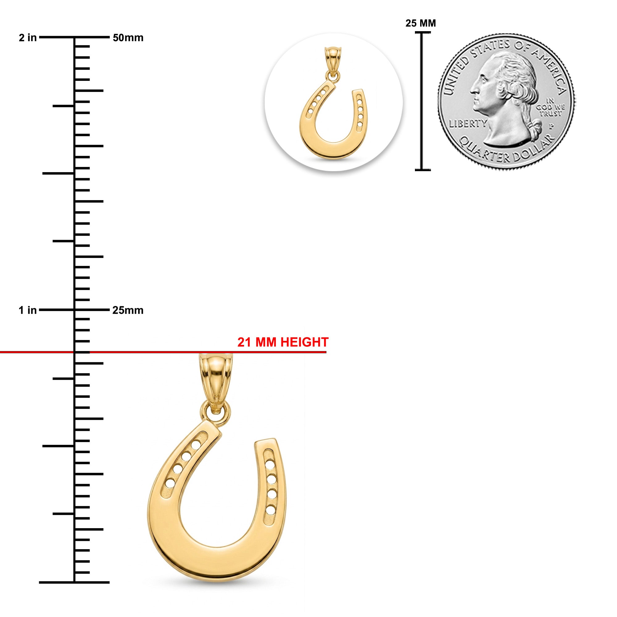 Gold horseshoe pendant shown with measurement markings, a 21 mm height label, a small inset of the pendant alone, and a quarter coin for scale on a white background.