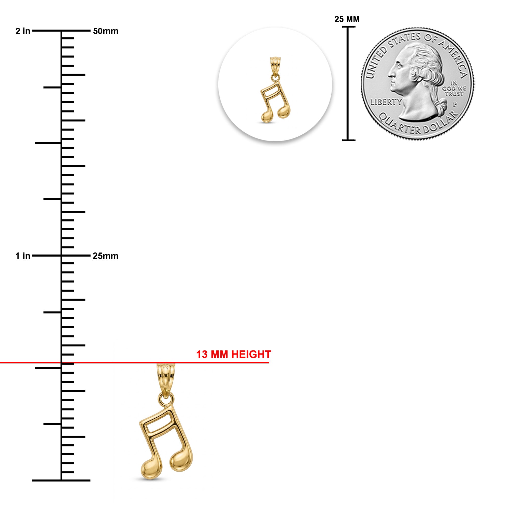 Gold music note pendant shown on a white background with measurement markings indicating 13 mm height, a circular inset of the pendant alone, and a U.S.