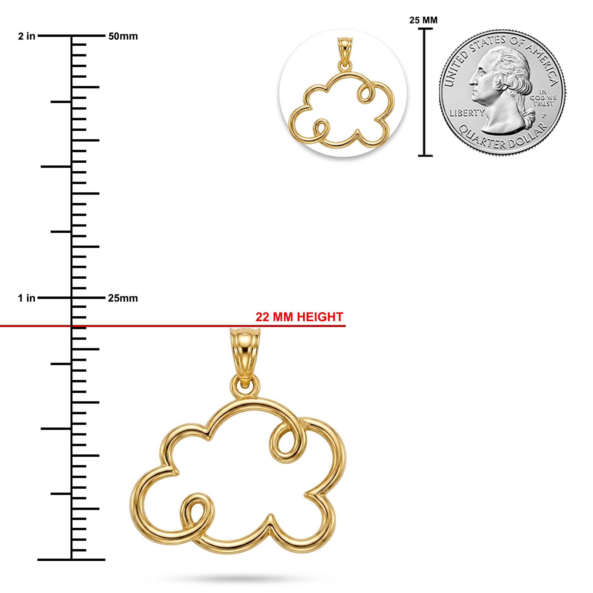 Gold cloud-shaped pendant with measurements against a white background