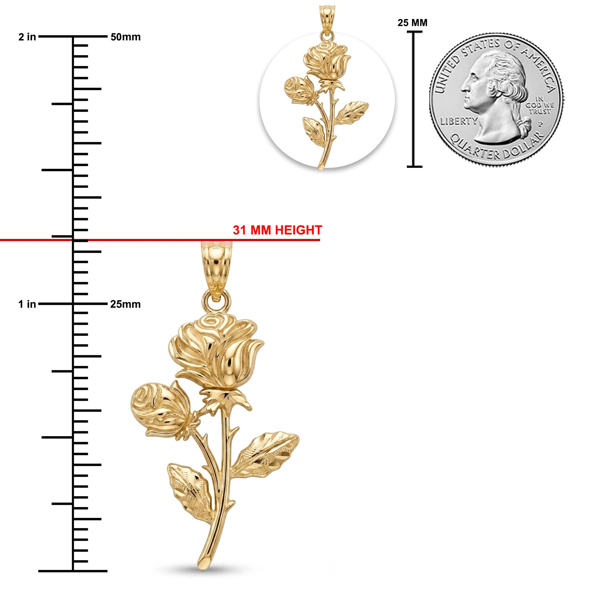 Gold rose pendant shown on a white background with measurement markings, a red height indicator reading 31 mm, a small inset of the pendant, and a quarter coin for scale.