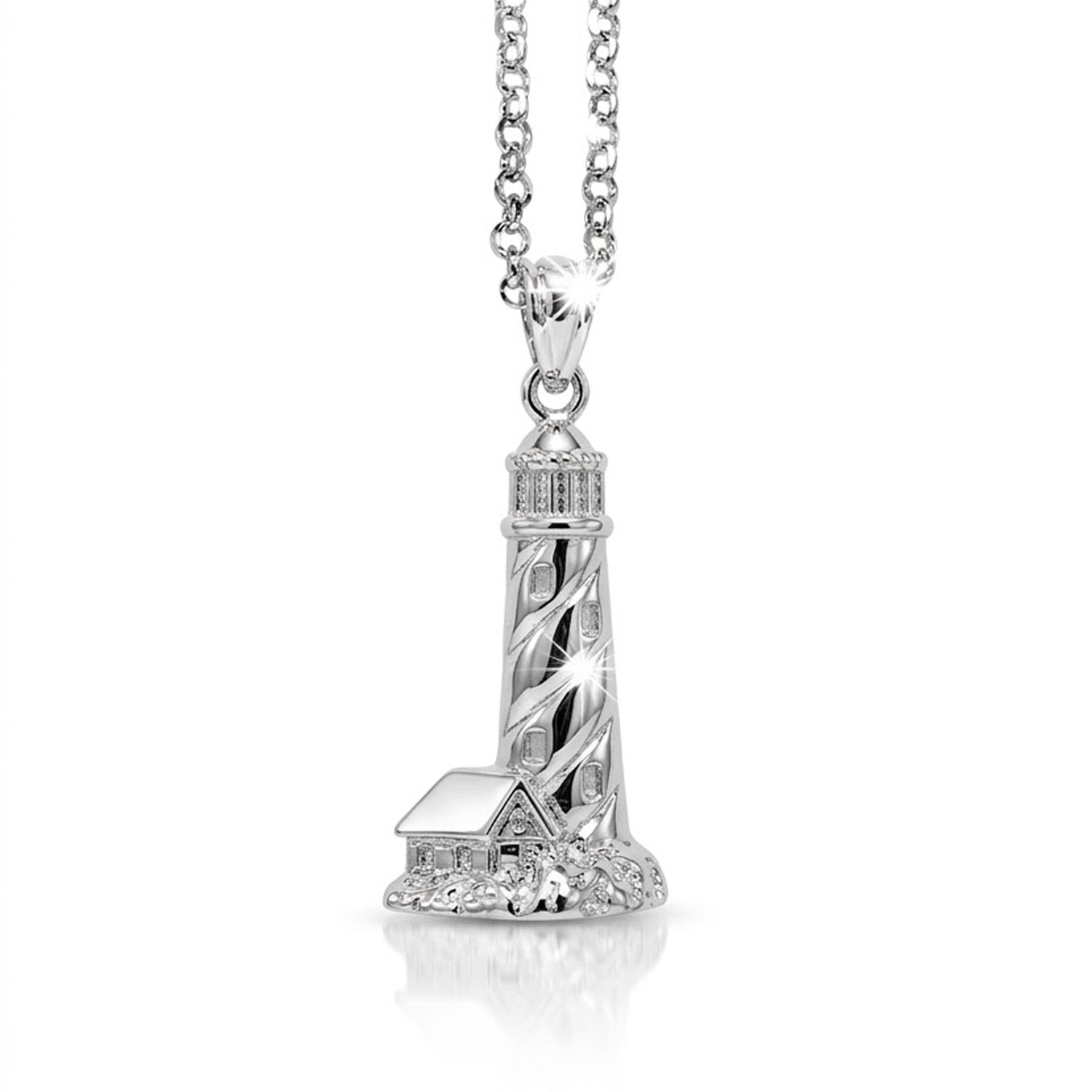 Silver lighthouse pendant on a chain against a white background