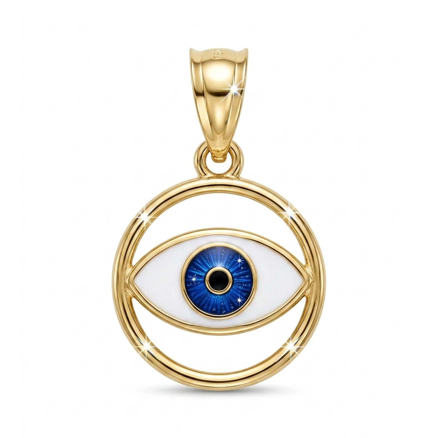Gold evil eye pendant with blue enamel