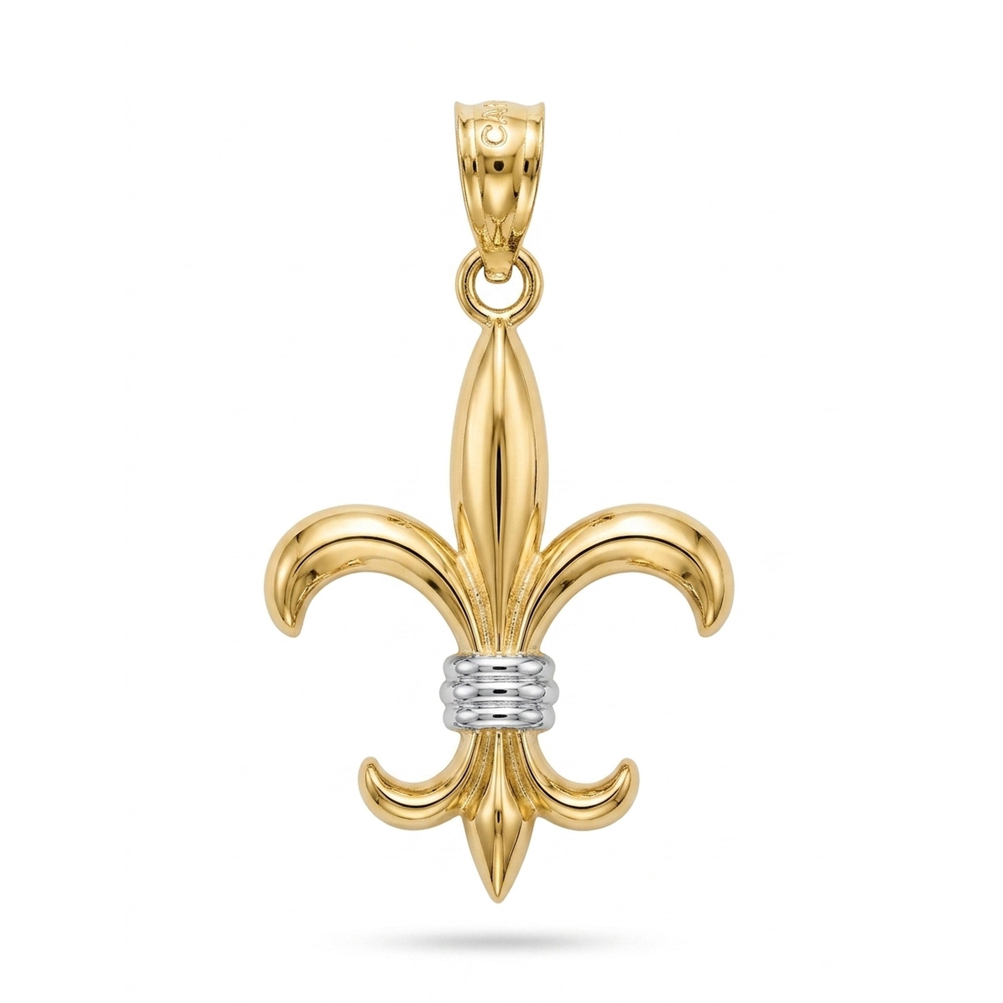 A polished yellow gold fleur-de-lis pendant with a textured silver band at the center and a small clear gemstone in the bail, shown on a white background.