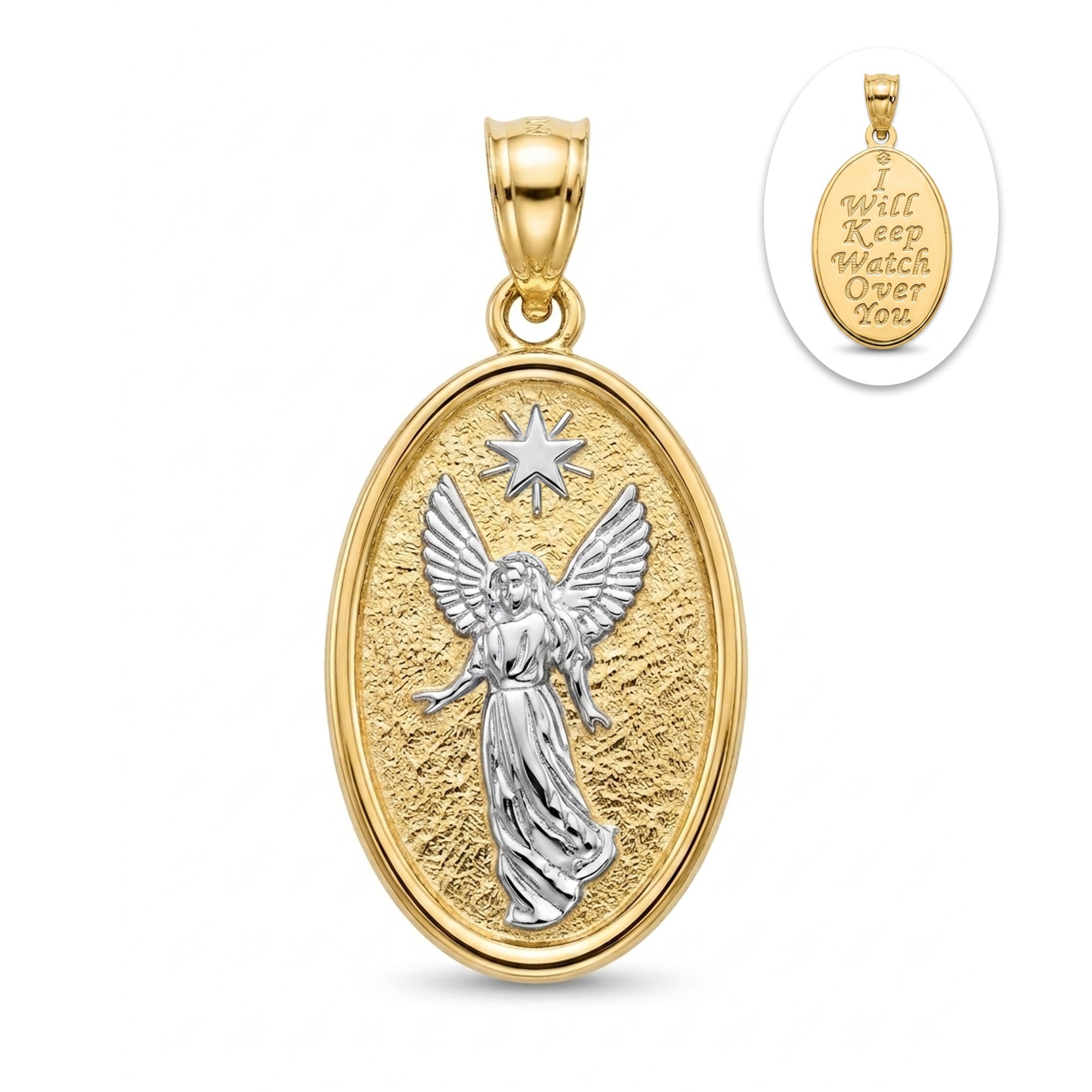 Gold oval pendant featuring a silver angel and star design, with a small inset showing the back of the pendant inscribed with 'I Will Keep Watch Over You'.