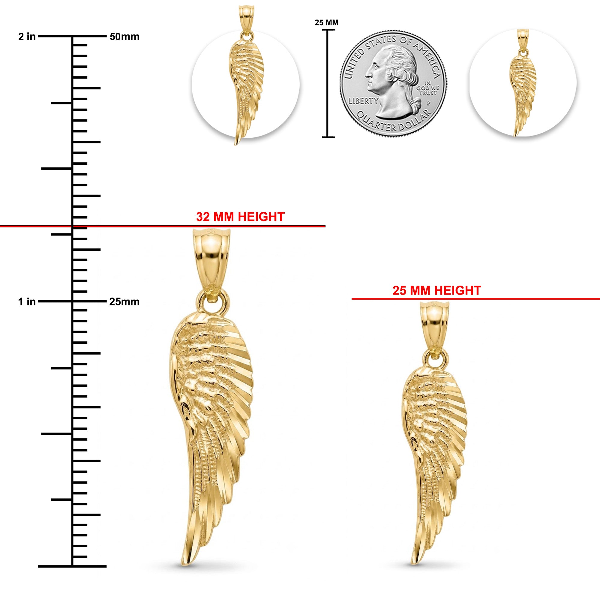 Gold angel wing pendant shown with measurement markings, a US quarter for scale, and red height labels indicating 32 mm and 25 mm.