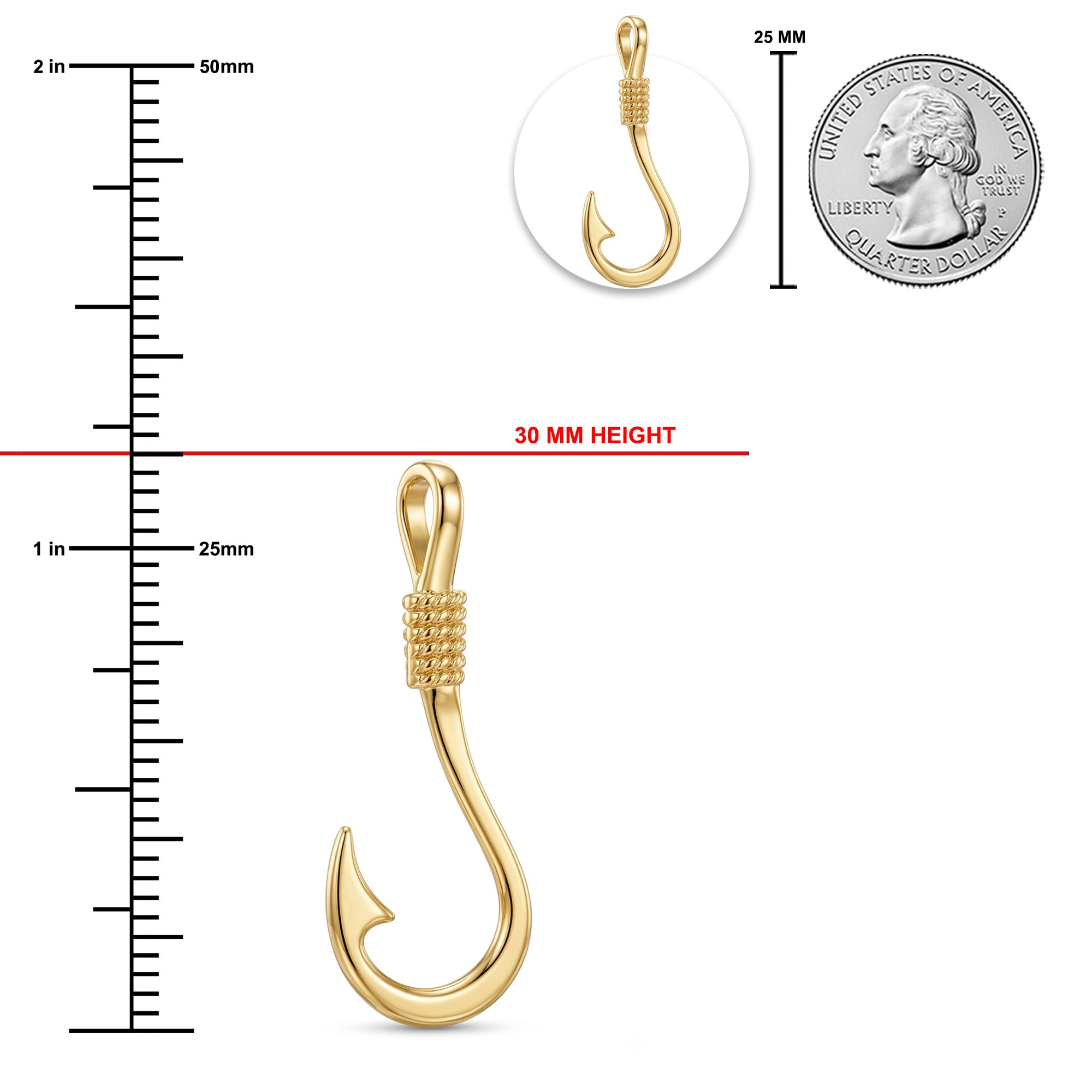 Gold fishing hook pendant shown with measurement markings, a 30 mm height indicator, a top-down inset view, and a U.S.