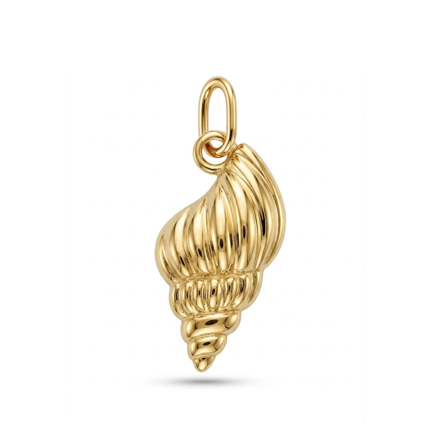 A polished yellow gold shell-shaped pendant with a textured spiral design and a top loop, shown on a clean white background.