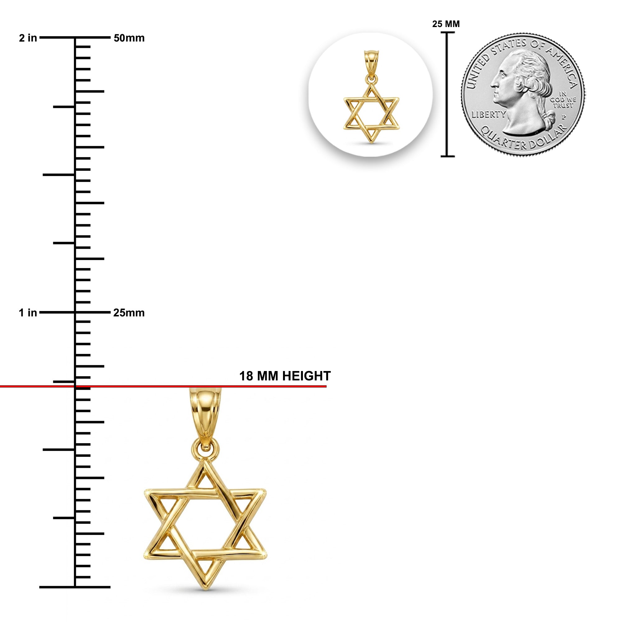 Gold star of david pendant sizing chart