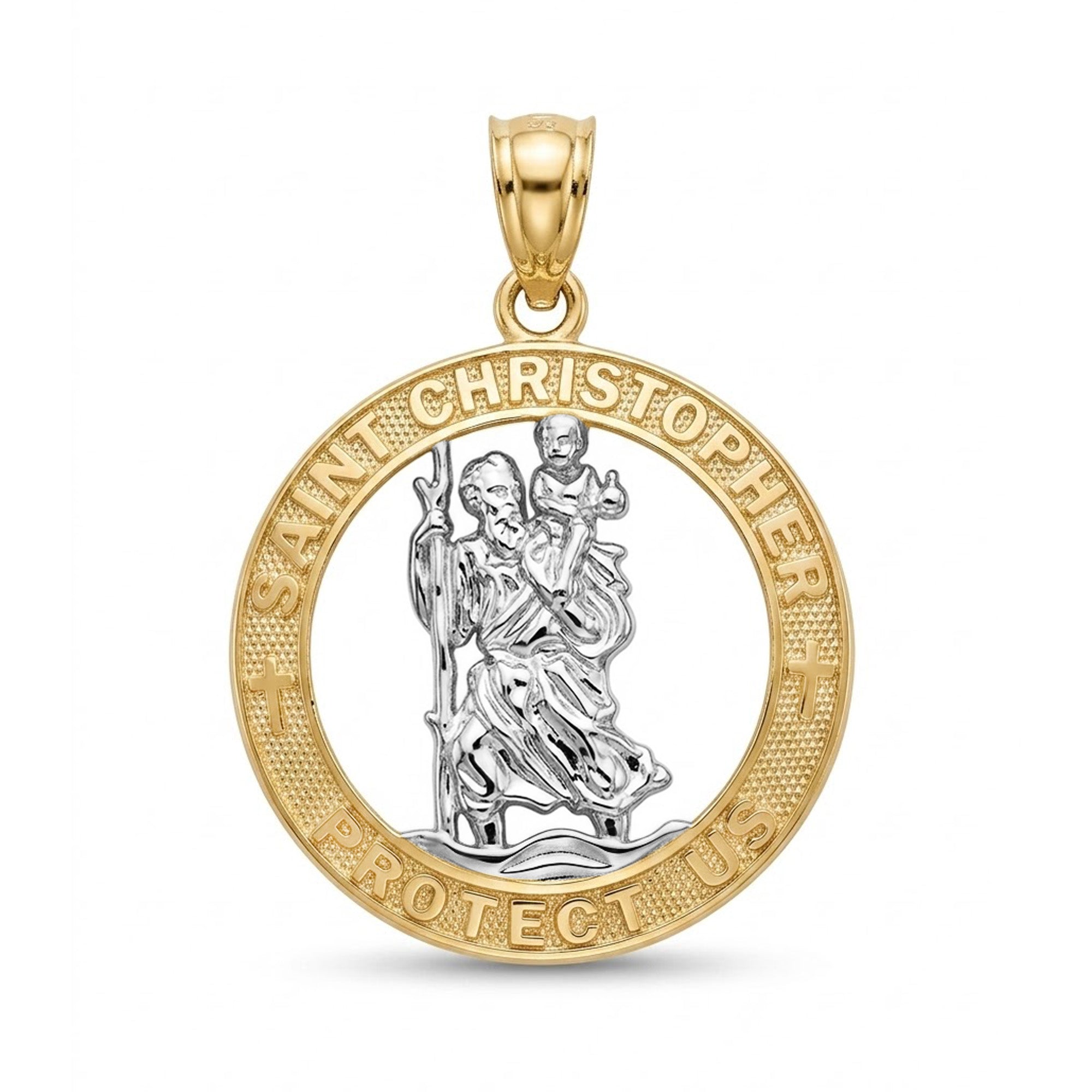 A Saint Christopher medallion pendant in two-tone yellow and silver gold, featuring a textured gold outer ring with the words 'SAINT CHRISTOPHER PROTECT US' and a detailed silver-toned figure in the center, shown on a white background.