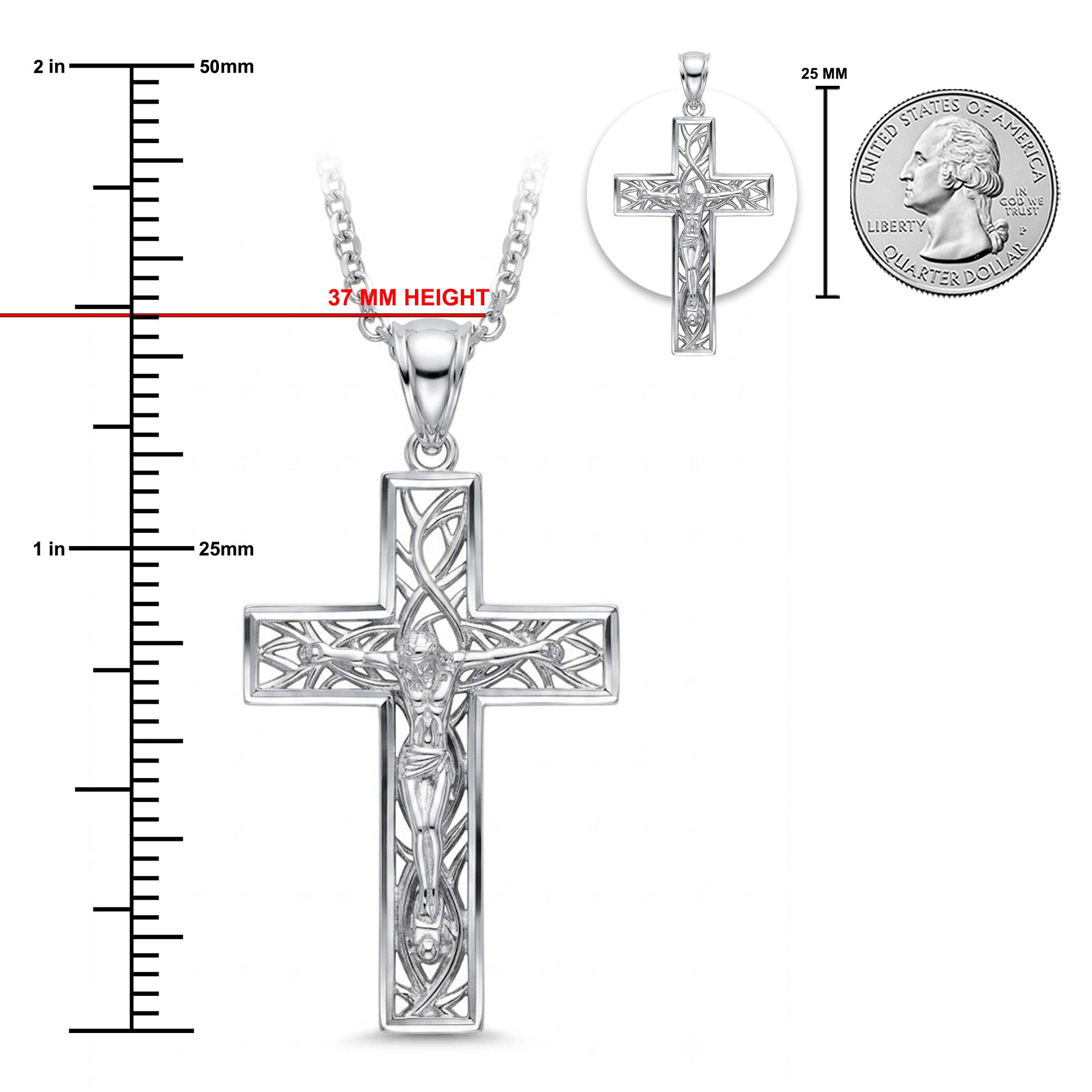 Silver crucifix pendant necklace with an engraved Jesus Christ design, shown with a 37mm height measurement, a US quarter coin for scale, and a close-up inset of the cross on a white background.