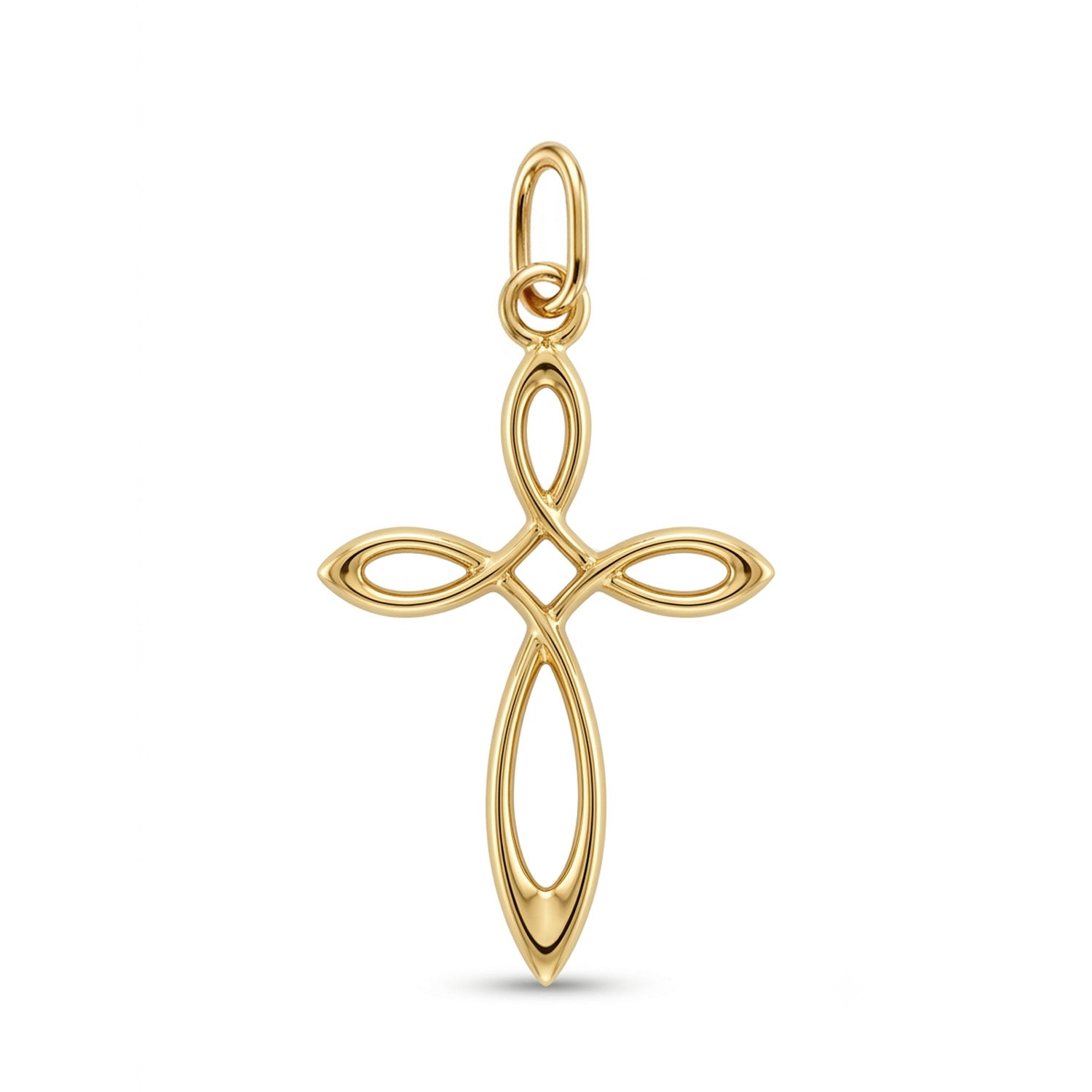 A polished yellow gold cross pendant with an openwork design and a top loop, shown on a clean white background.