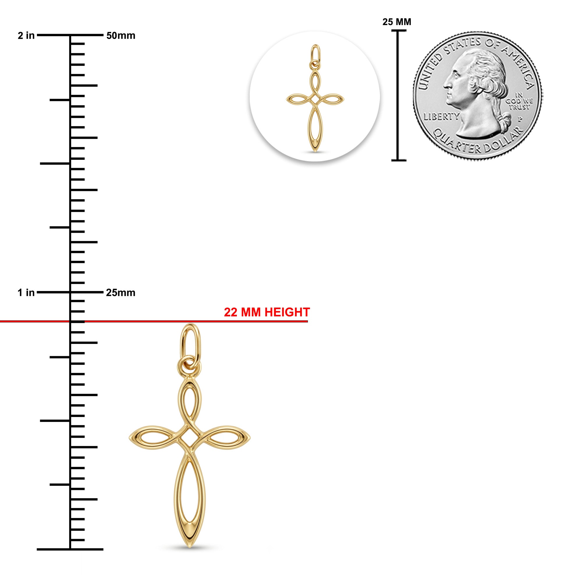 Gold cross pendant shown with a measurement ruler, a small inset of the pendant alone, and a quarter coin for scale on a white background.