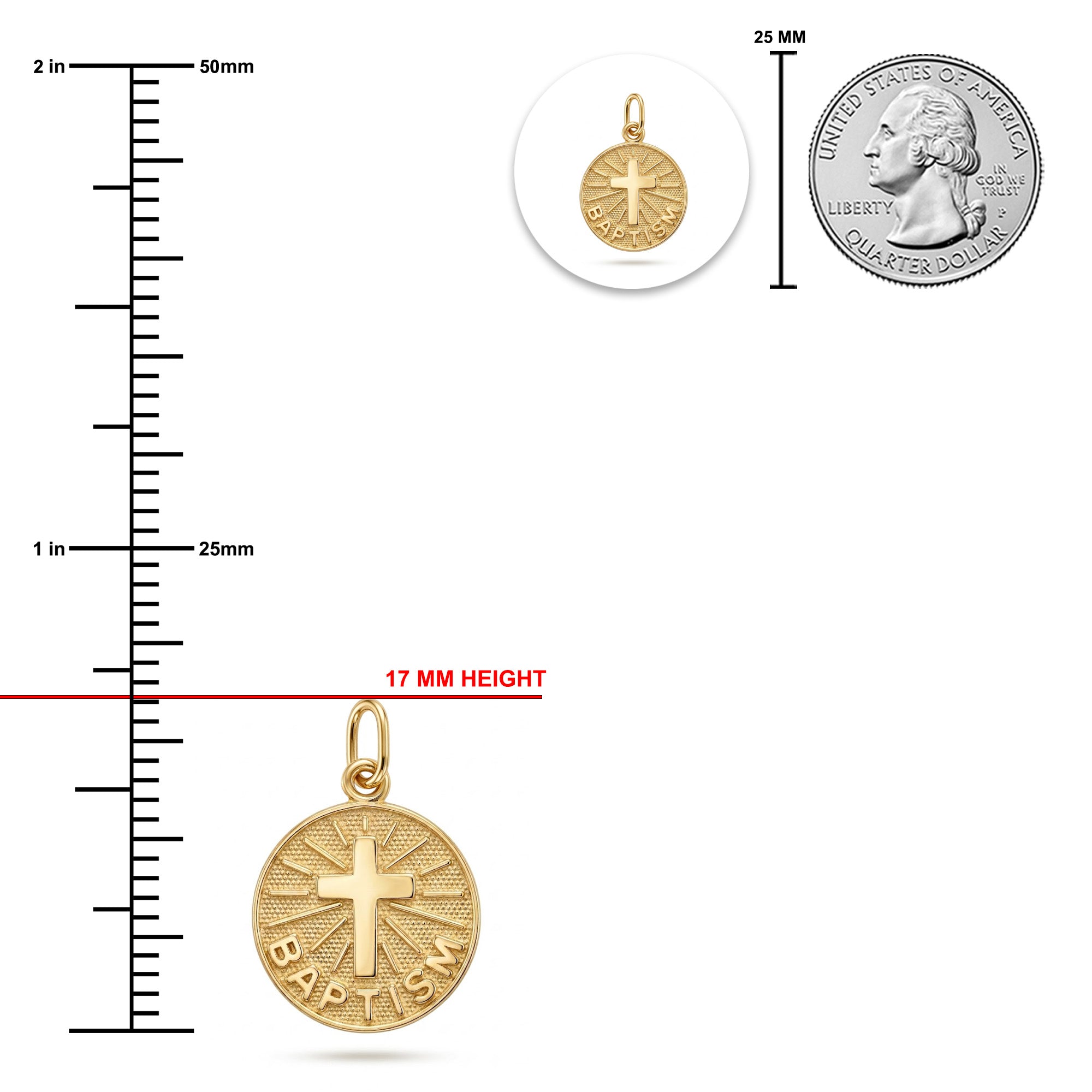Gold Baptism Cross Medallion Pendant sizing chart