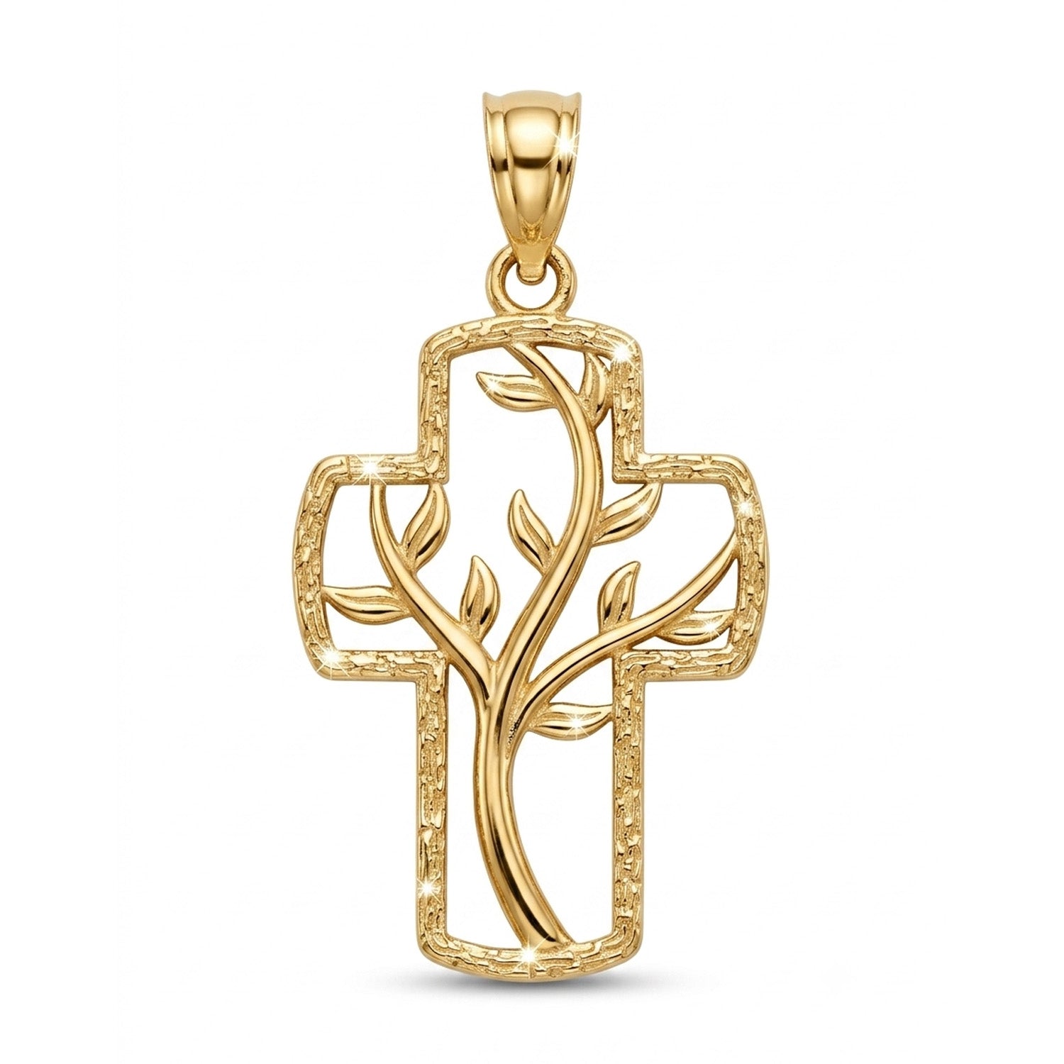 Gold cross pendant with tree design on a white background