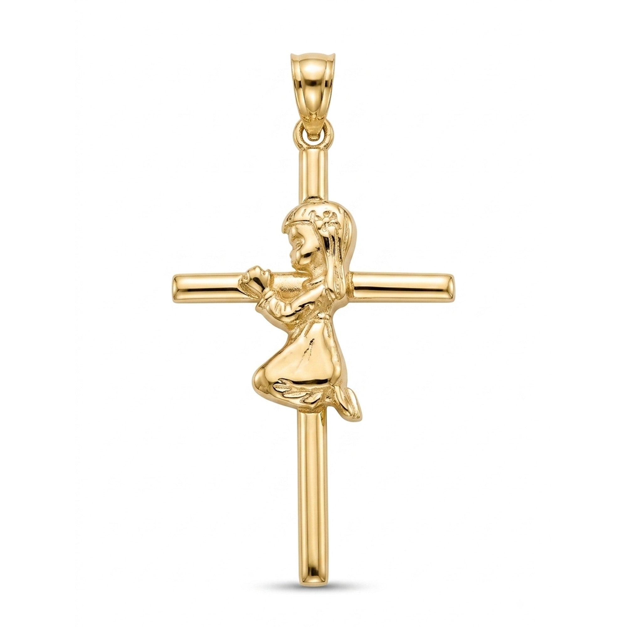 A polished yellow gold cross pendant featuring a kneeling, praying child figure integrated into the cross design, shown against a plain white background.