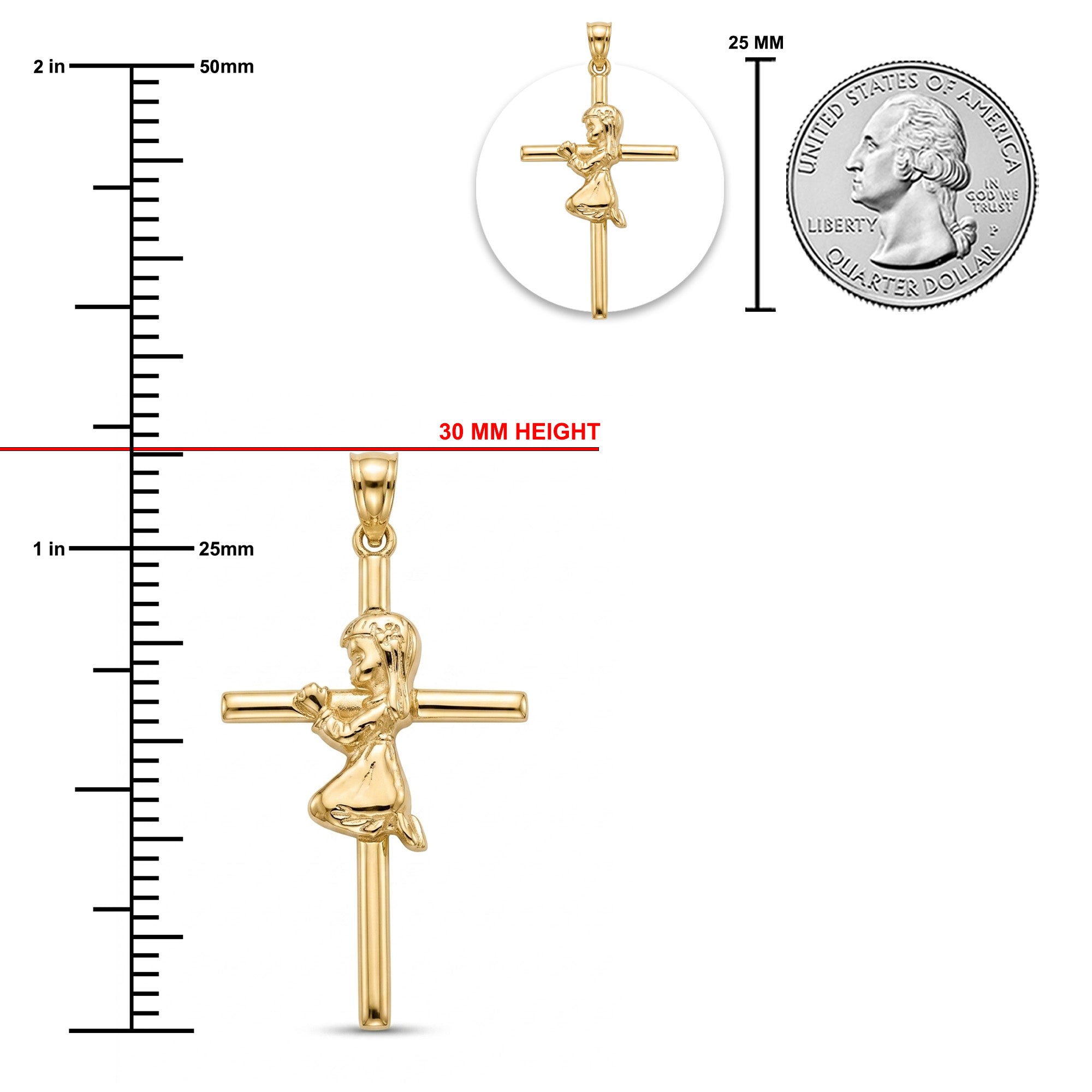 Gold cross pendant with a kneeling child figure, shown with measurement markings indicating 30 mm height, a 25 mm inset, and a U.S.