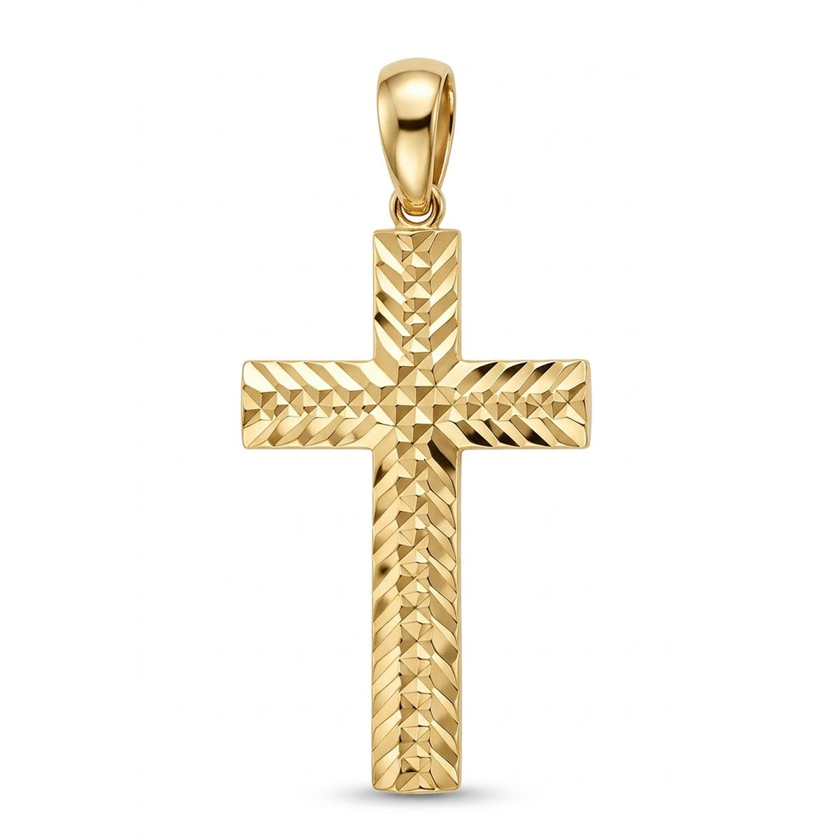 A yellow gold cross pendant with a textured, diamond-cut pattern and a polished bail, shown on a clean white background.