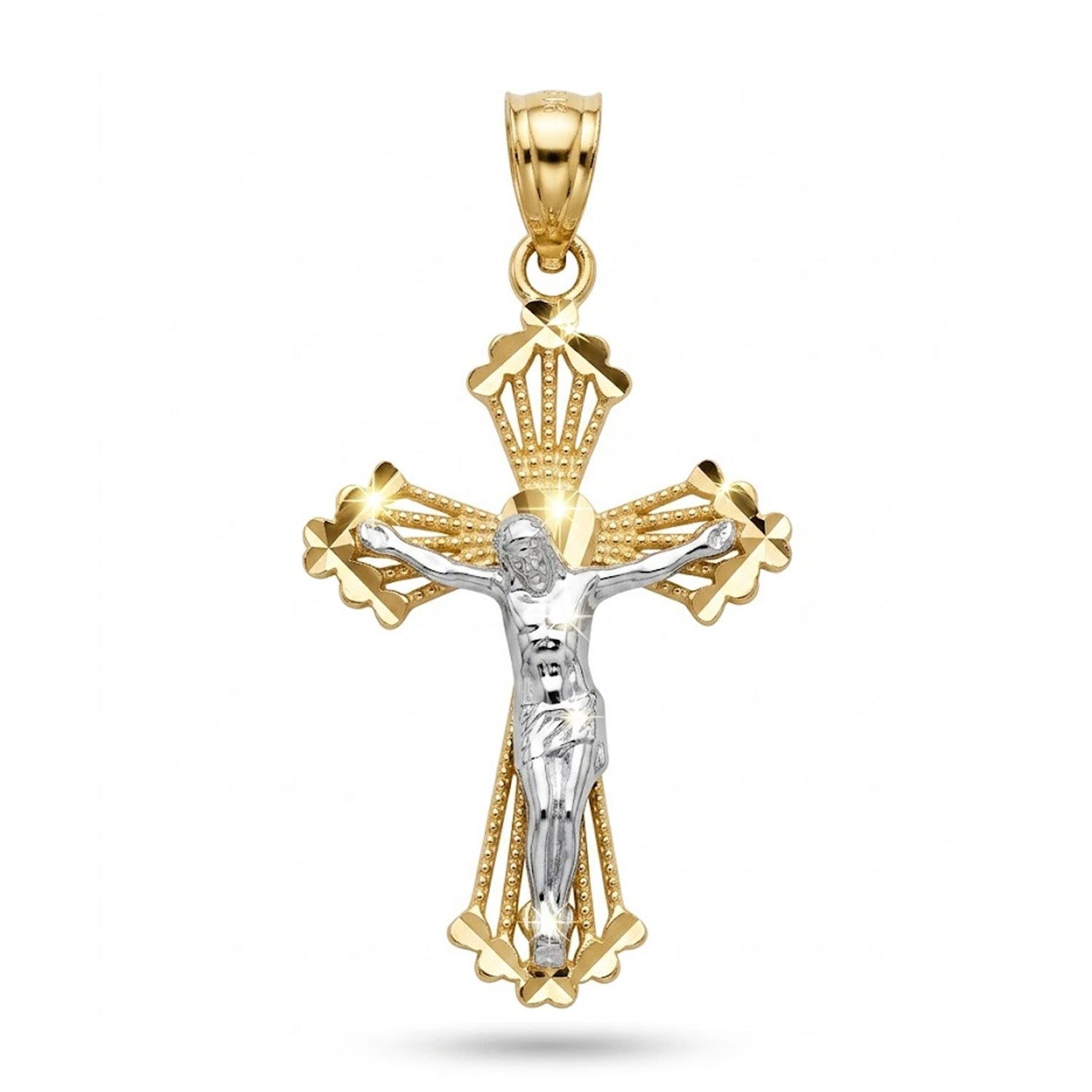Two tone gold jesus crucifix cross pendant made from 10 karat gold with rhodium