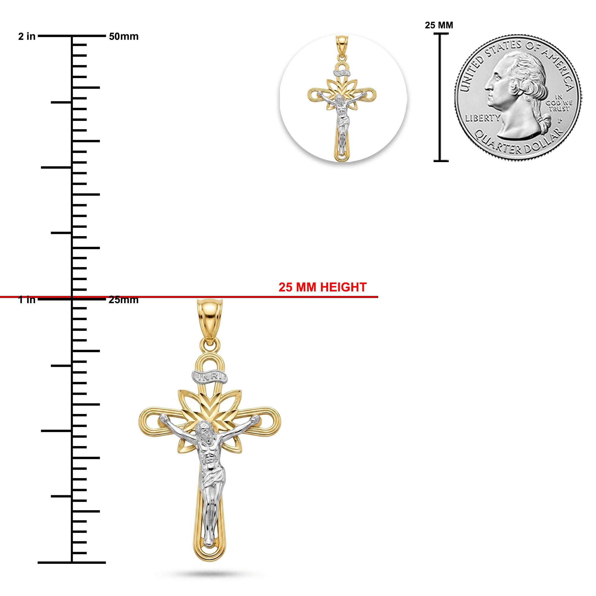 Gold and silver cross pendant with a central clear stone, shown with measurement rulers in millimeters and inches, a circular inset of the pendant, and a 25 mm coin size reference on a white background.