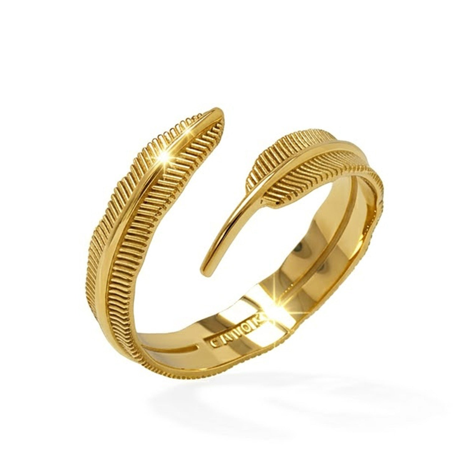 Gold feather-shaped bracelet on a white background