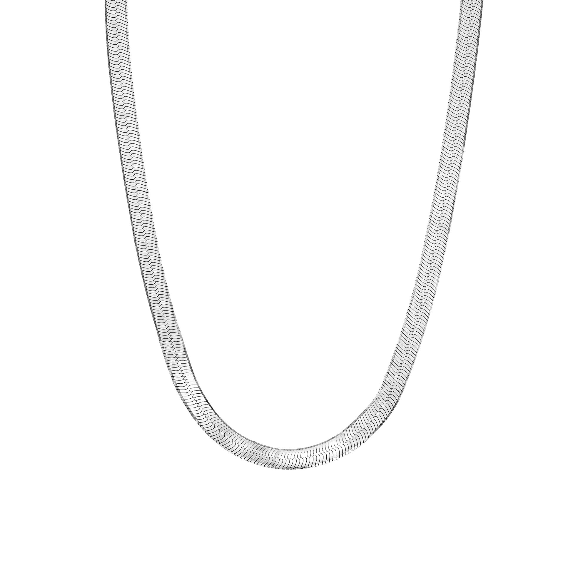 A silver-toned herringbone chain necklace shown against a plain white background.