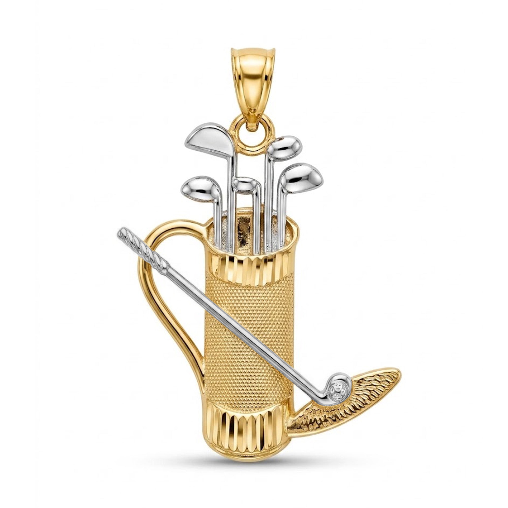 A gold and silver golf bag pendant charm featuring golf clubs and a golf ball, displayed on a clean white background.