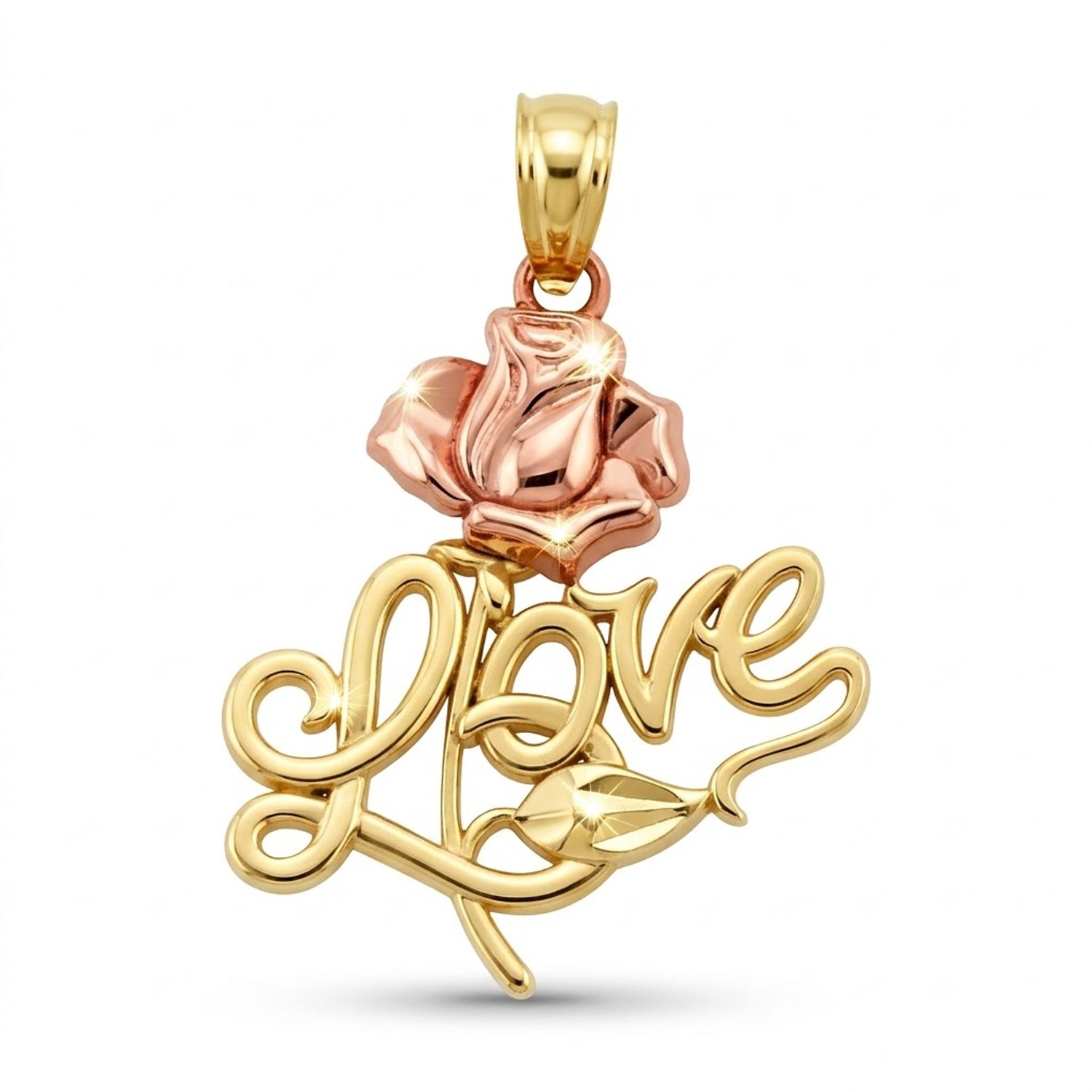 A two-tone gold and rose gold pendant featuring the word 'Love' in cursive script with a rose and leaf design, set against a plain white background.