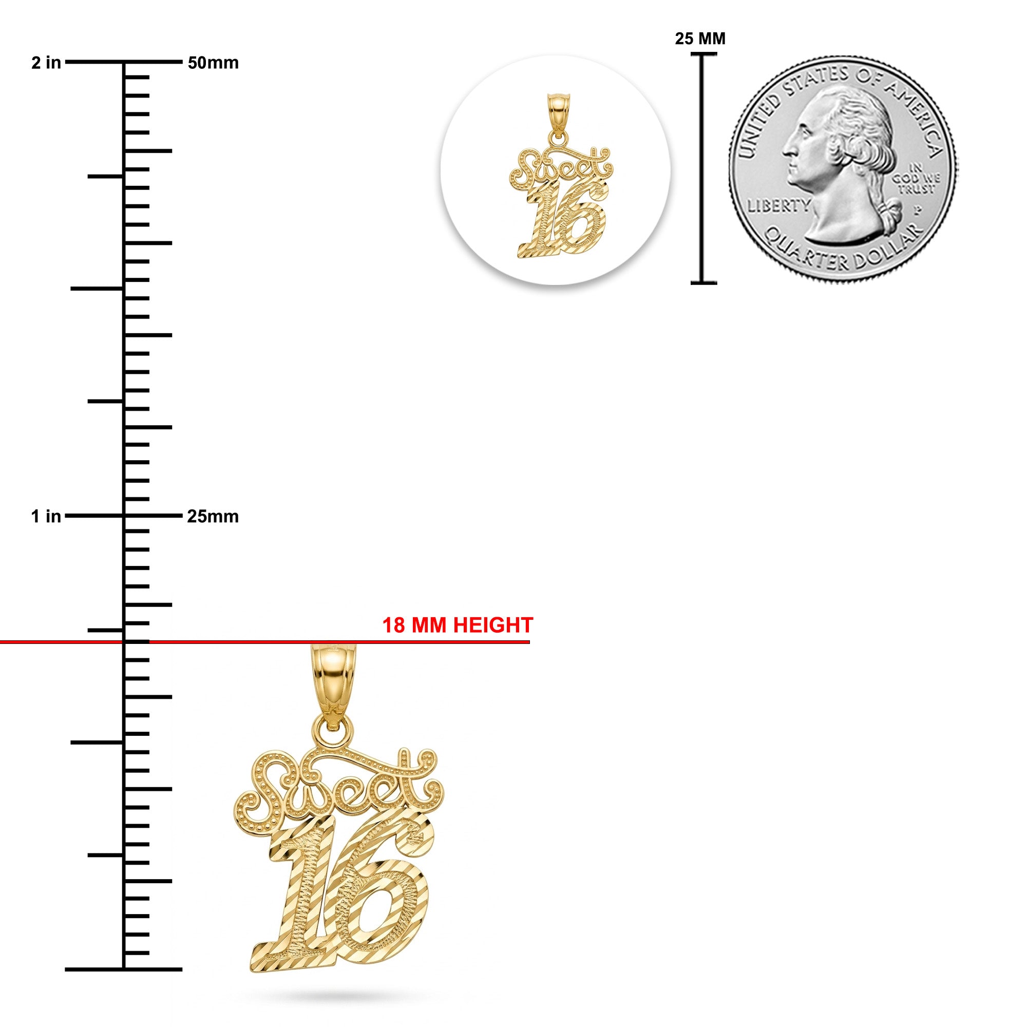Gold 16th birthday pendant with a measurement scale, showing 18 mm height, a 25 mm coin size reference, and a circular inset of the pendant.