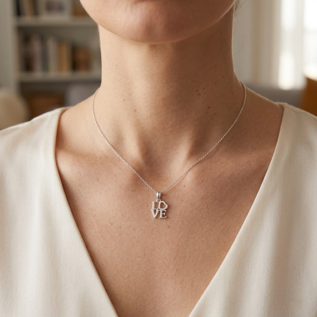 Necklace with 'LOVE' pendant worn by a person in a neutral setting